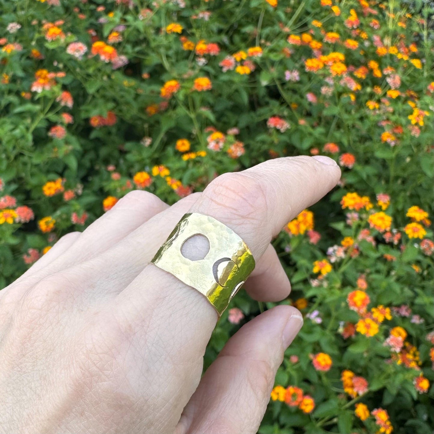 Adjustable Hammered Brass moon phase cuff Ring: Handmade celestial Wide Band