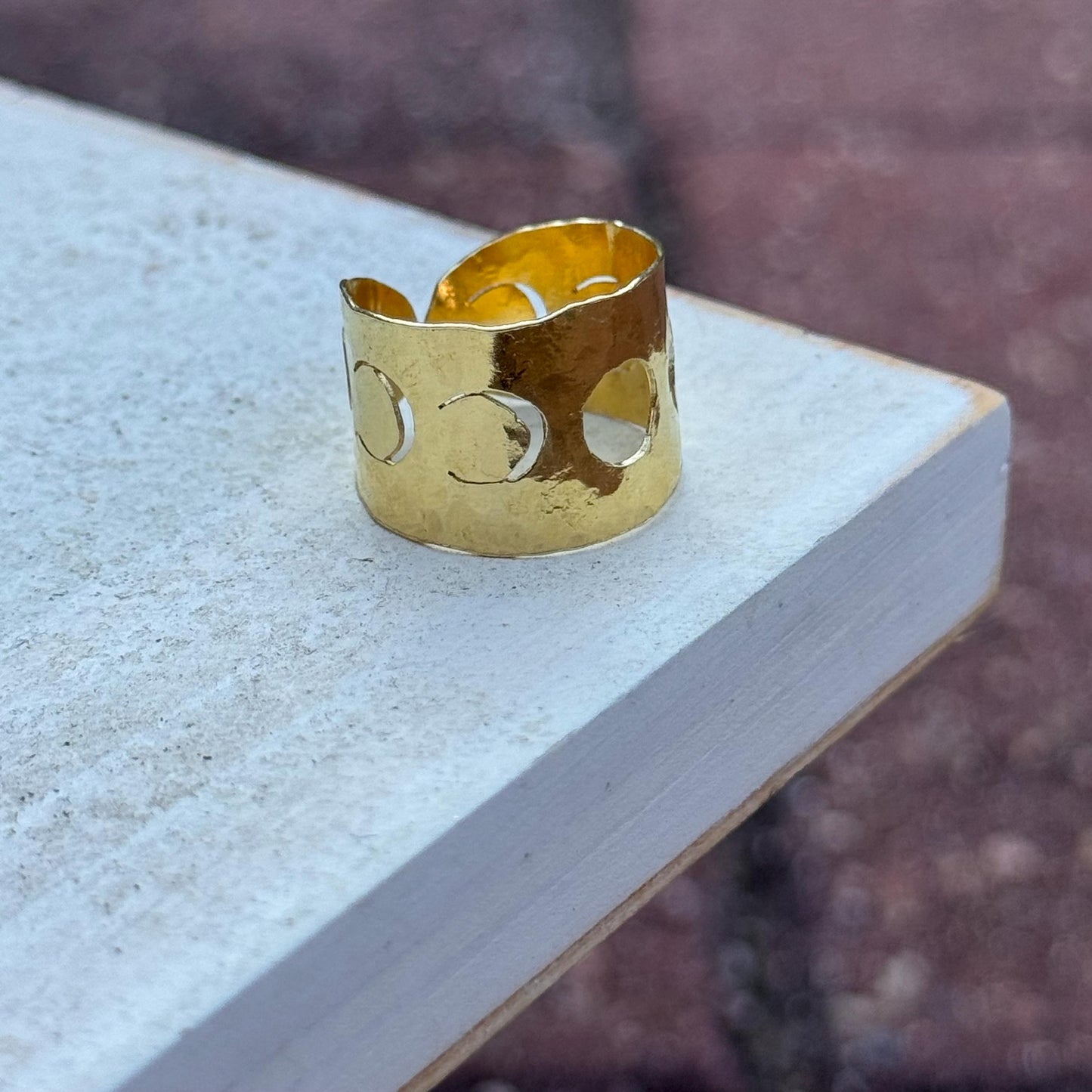 Adjustable Hammered Brass moon phase cuff Ring: Handmade celestial Wide Band