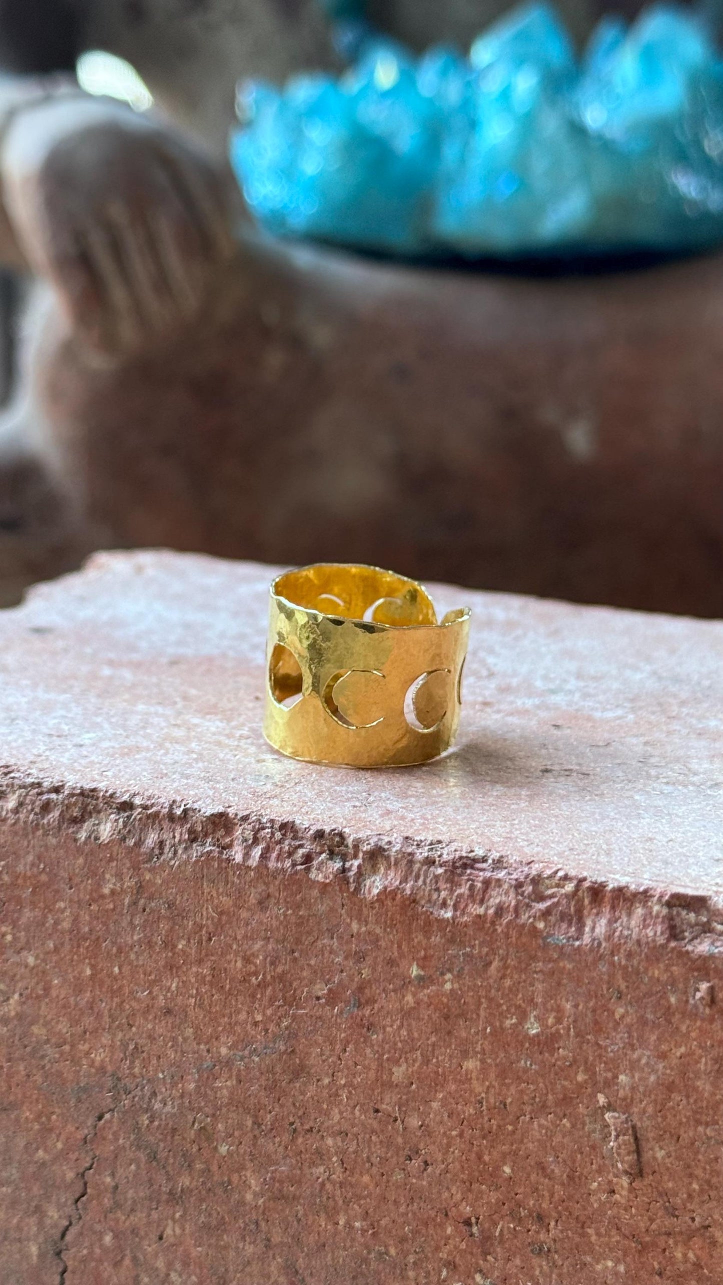 Adjustable Hammered Brass moon phase cuff Ring: Handmade celestial Wide Band