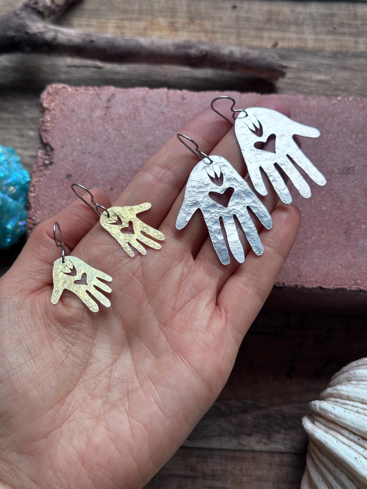 Handmade Sacred Hand Earrings: heart in hand amulet