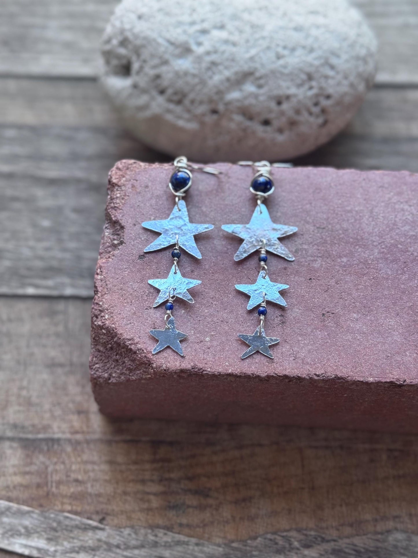 Hammered Brass Star and Lapis Earrings: Long Duster, Handmade