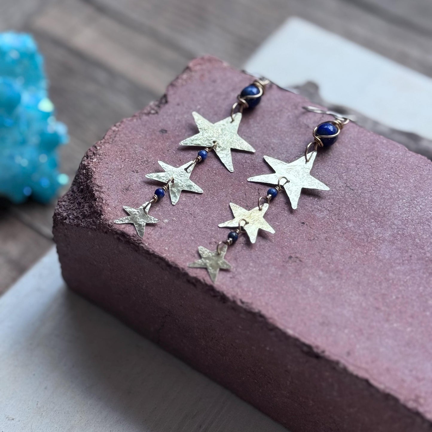 Hammered Brass Star and Lapis Earrings: Long Duster, Handmade