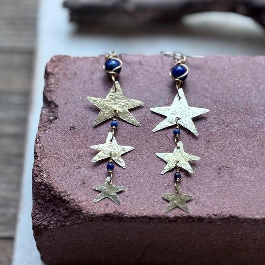 Hammered Brass Star and Lapis Earrings: Long Duster, Handmade