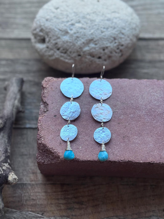 Handmade Turquoise Drop Earrings: Hammered Metal Circle Dangles