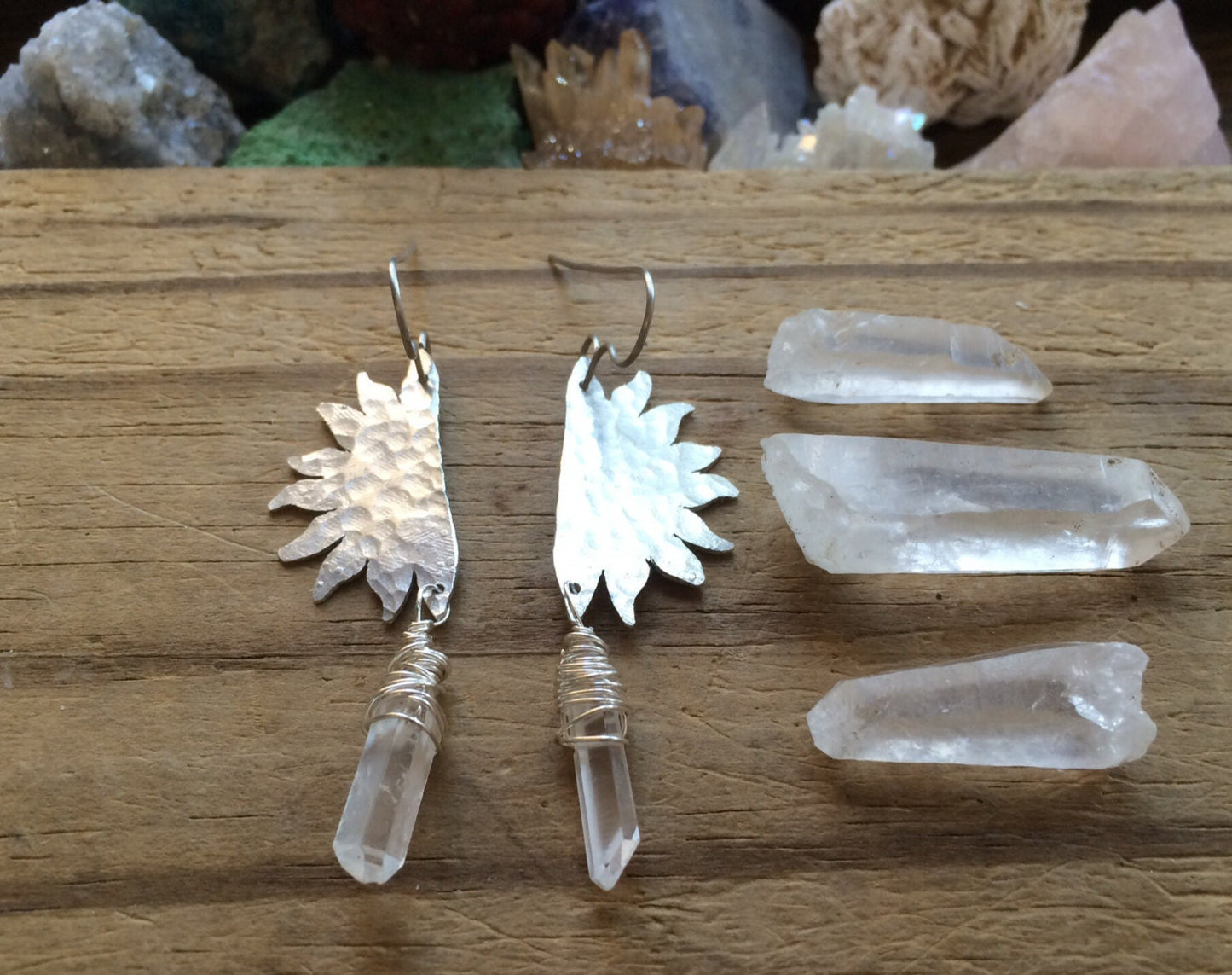 Handmade Sun & Crystal Point Earrings: Hammered Metal Dangles