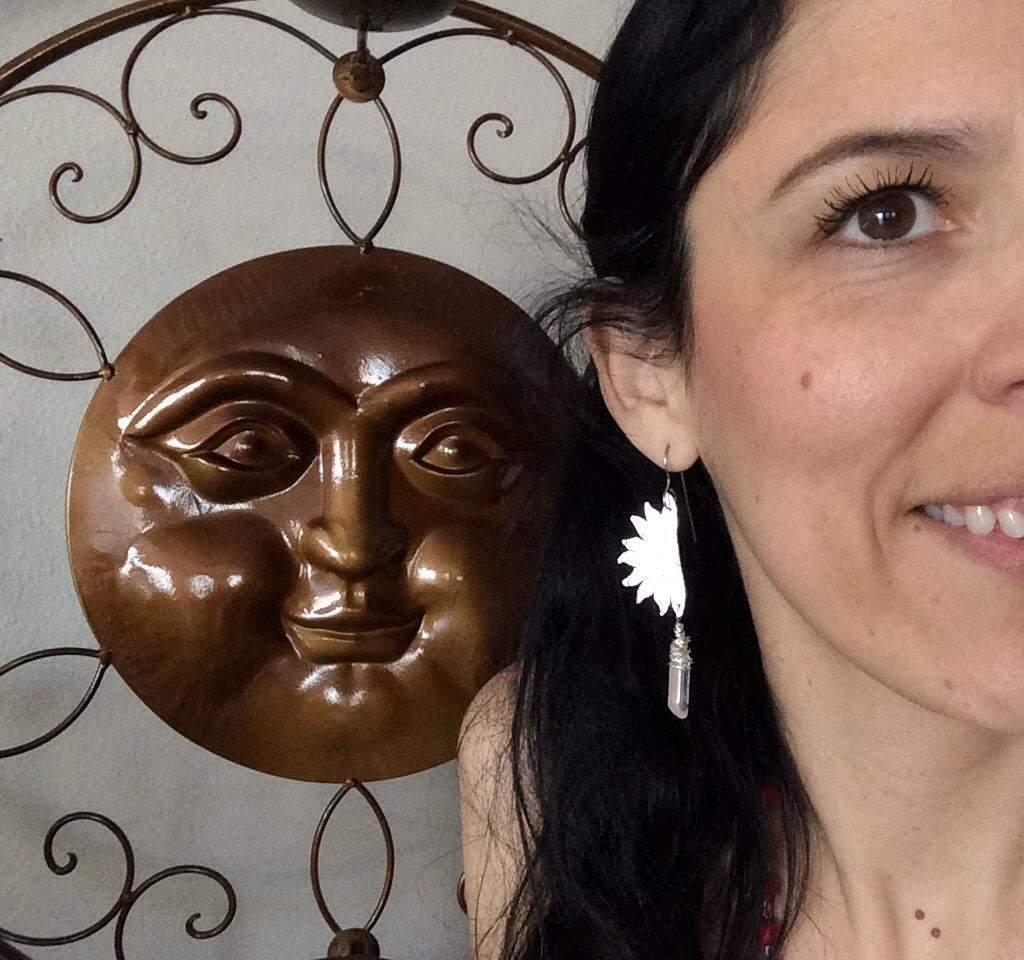 Handmade Sun & Crystal Point Earrings: Hammered Metal Dangles