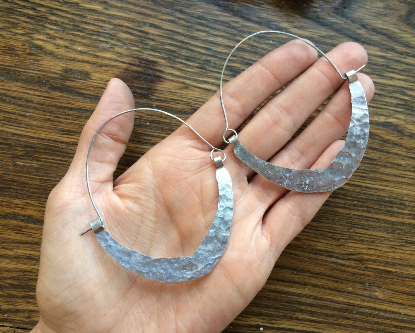 Rustic Metal Hoop Earrings: Handmade Bent Crescent Design