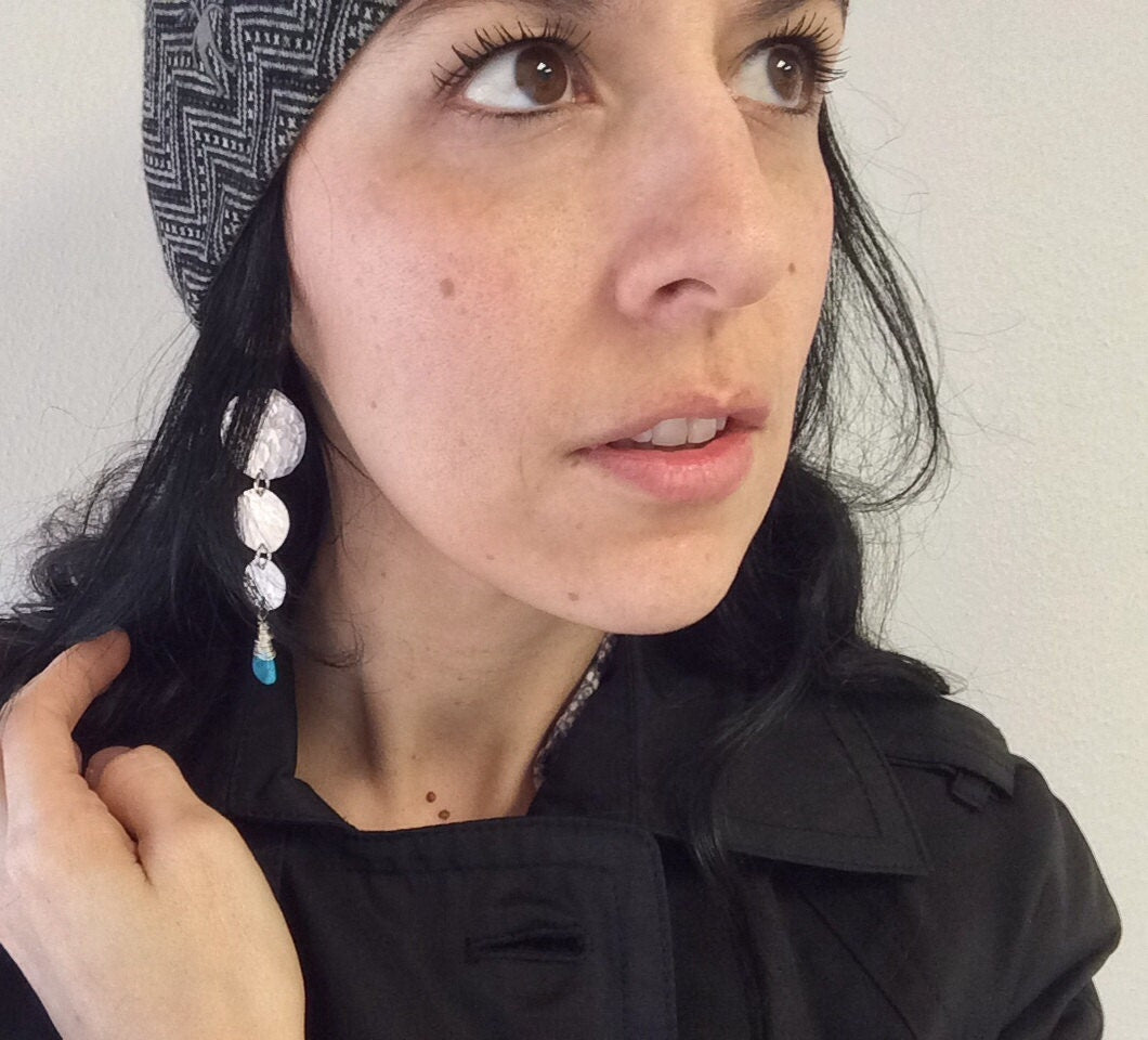 Handmade Turquoise Drop Earrings: Hammered Metal Circle Dangles