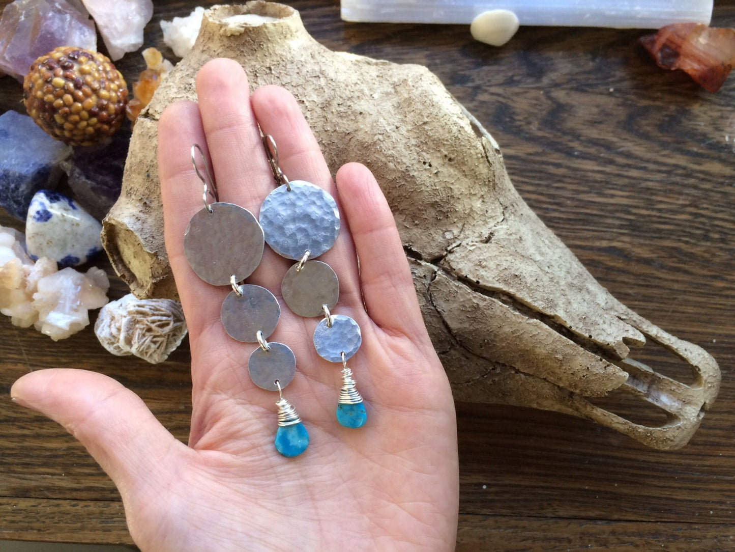 Handmade Turquoise Drop Earrings: Hammered Metal Circle Dangles