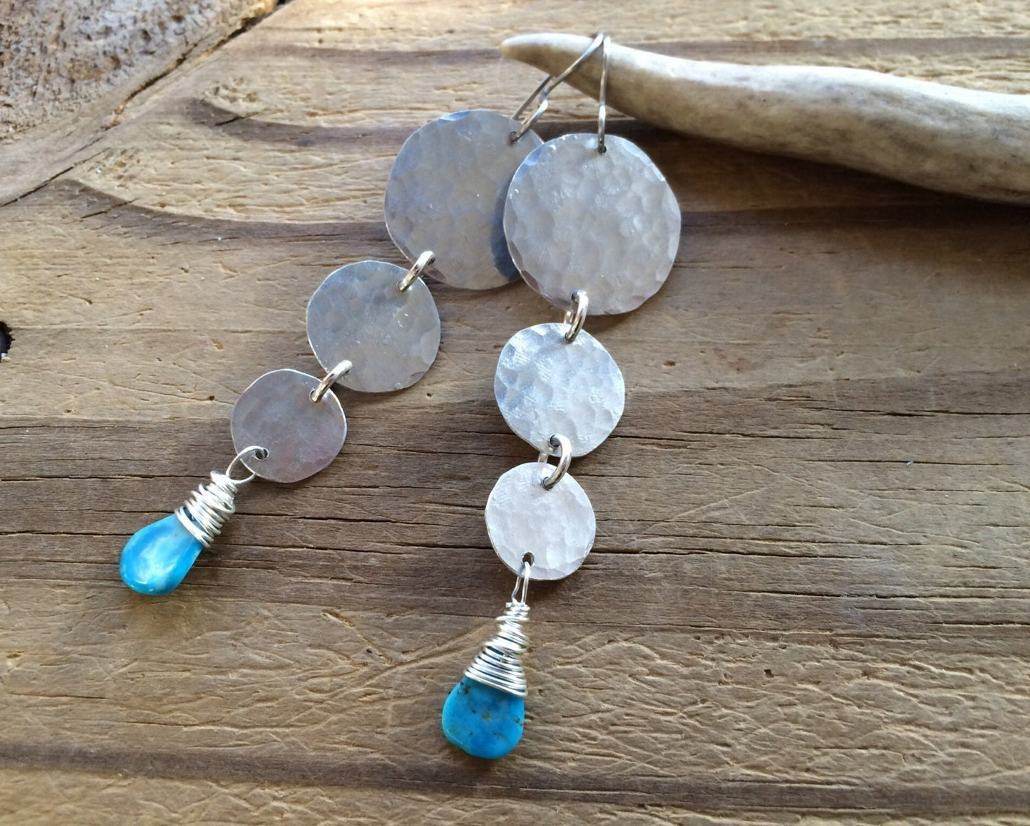 Handmade Turquoise Drop Earrings: Hammered Metal Circle Dangles