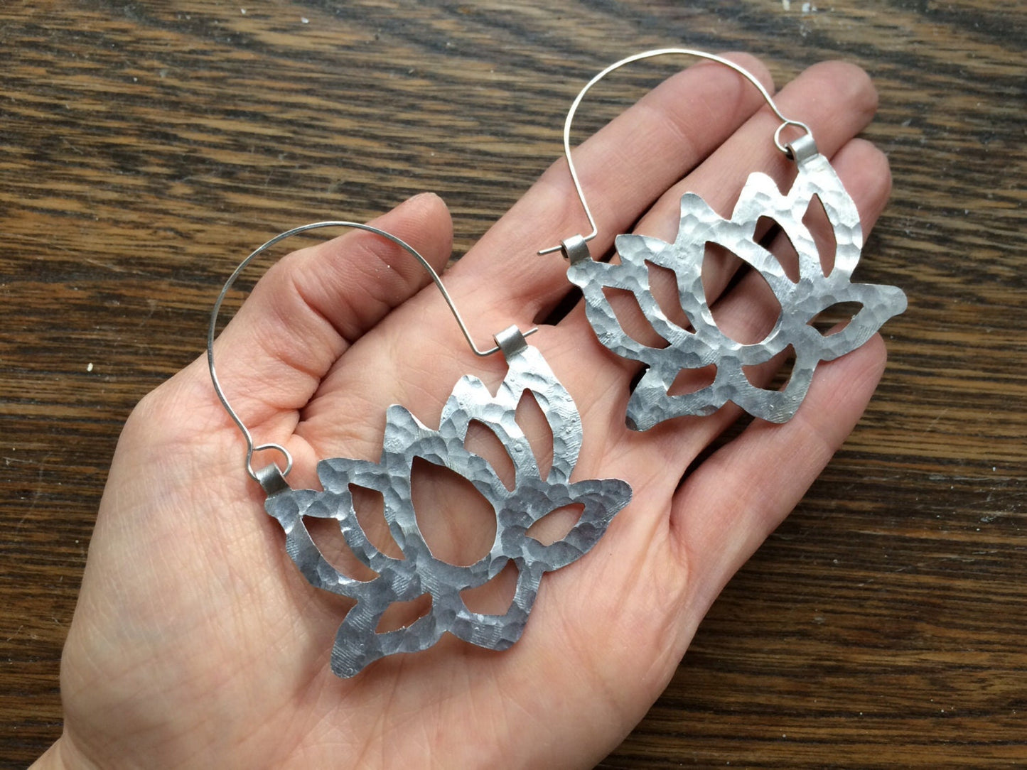 Hammered Metal Lotus Flower Hoop Earrings: Handmade Aluminum Jewelry
