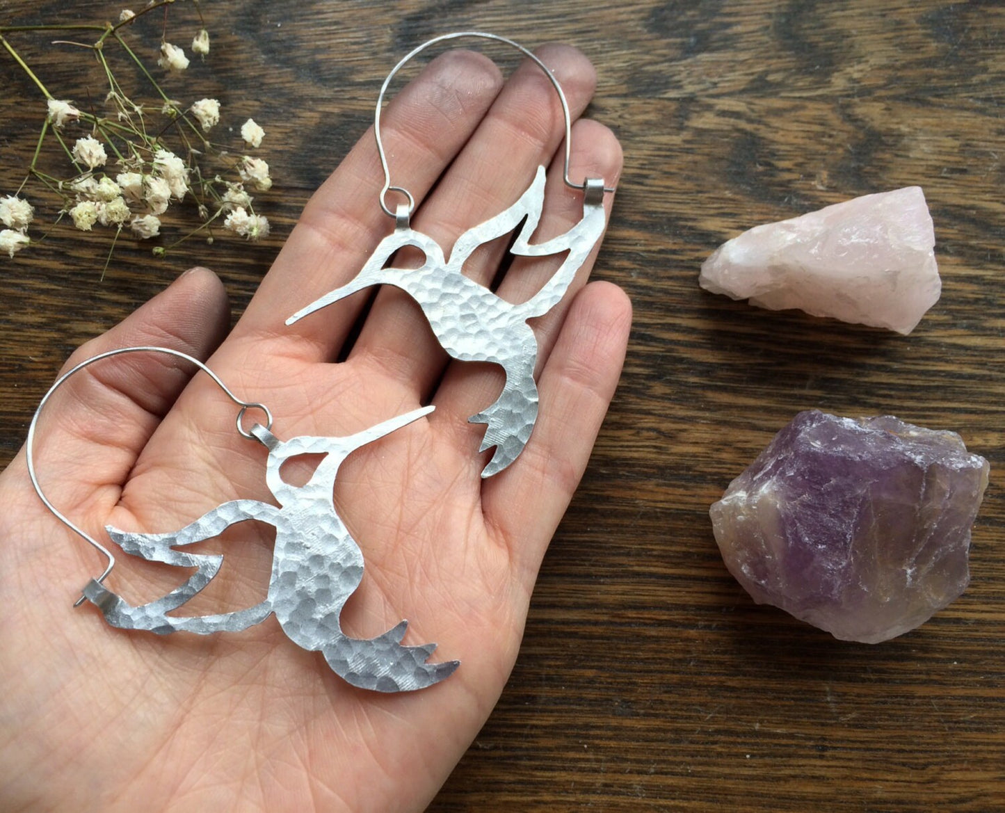 Handmade Hummingbird Hoop Earrings: Aluminum Bird Jewelry
