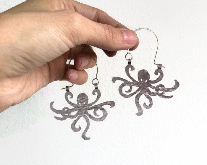 Handmade Metal Octopus Hoop Earrings: Ocean Jewelry