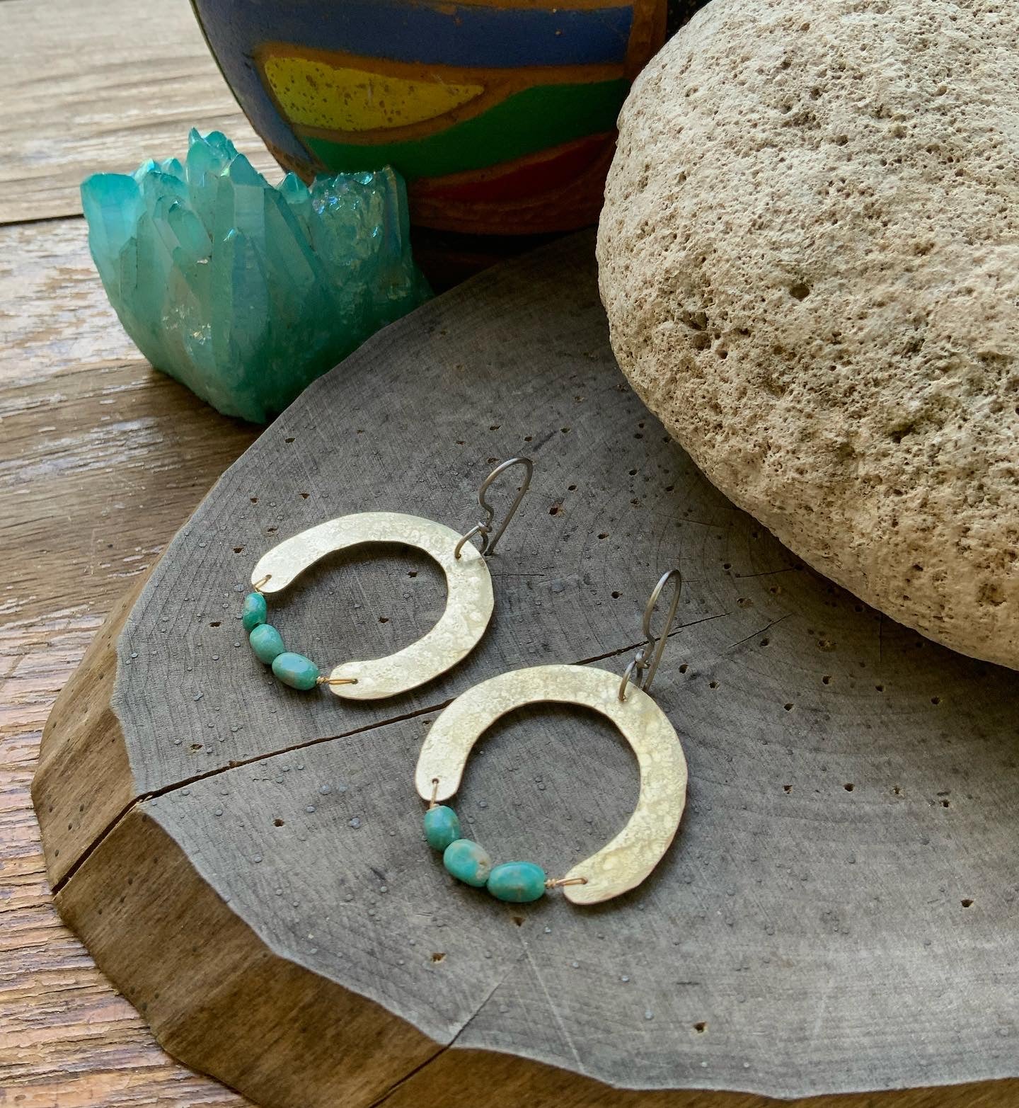 Hammered Raw Brass Arch and genuine turquoise earrings