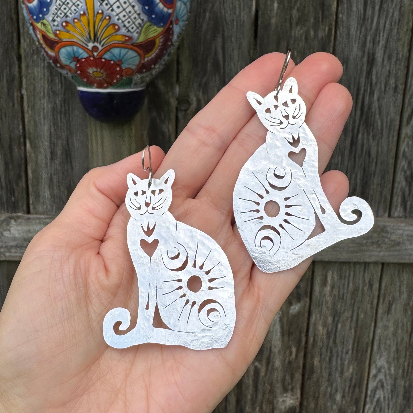 Handmade Brass Celestial Cat Earrings: Sacred Milagro Jewelry