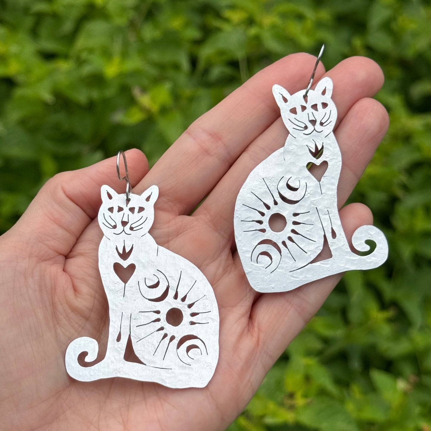 Handmade Brass Celestial Cat Earrings: Sacred Milagro Jewelry