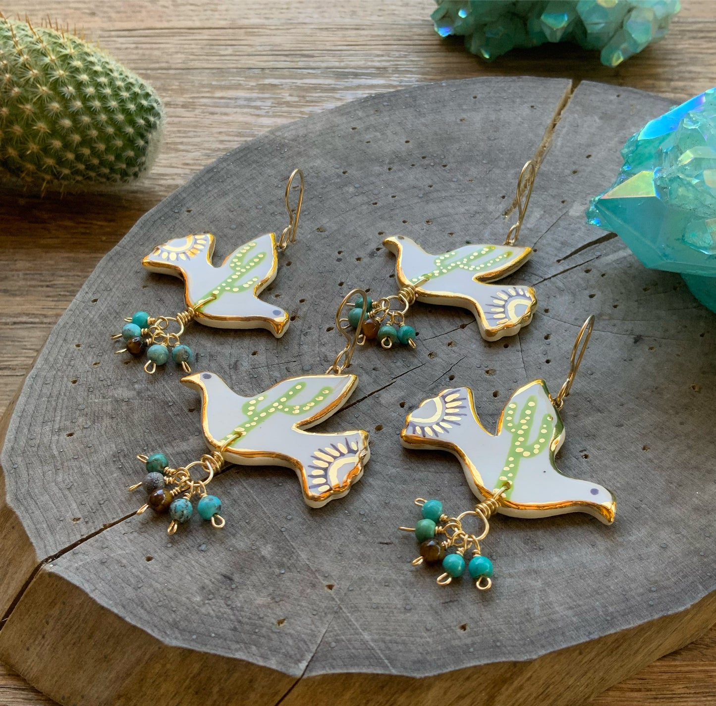 Ceramic Saguaro Cactus Pajarito and genuine turquoise cluster earrings