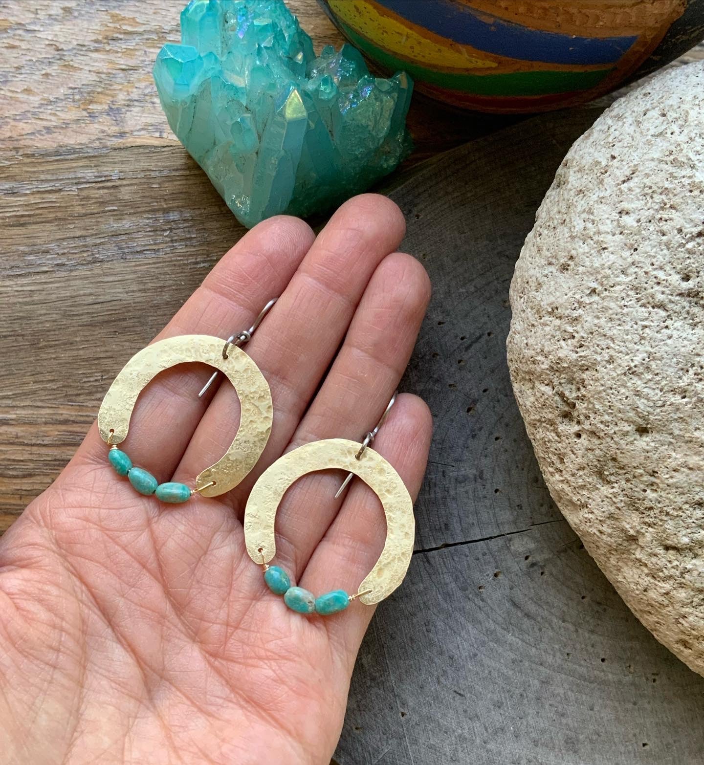 Hammered Raw Brass Arch and genuine turquoise earrings