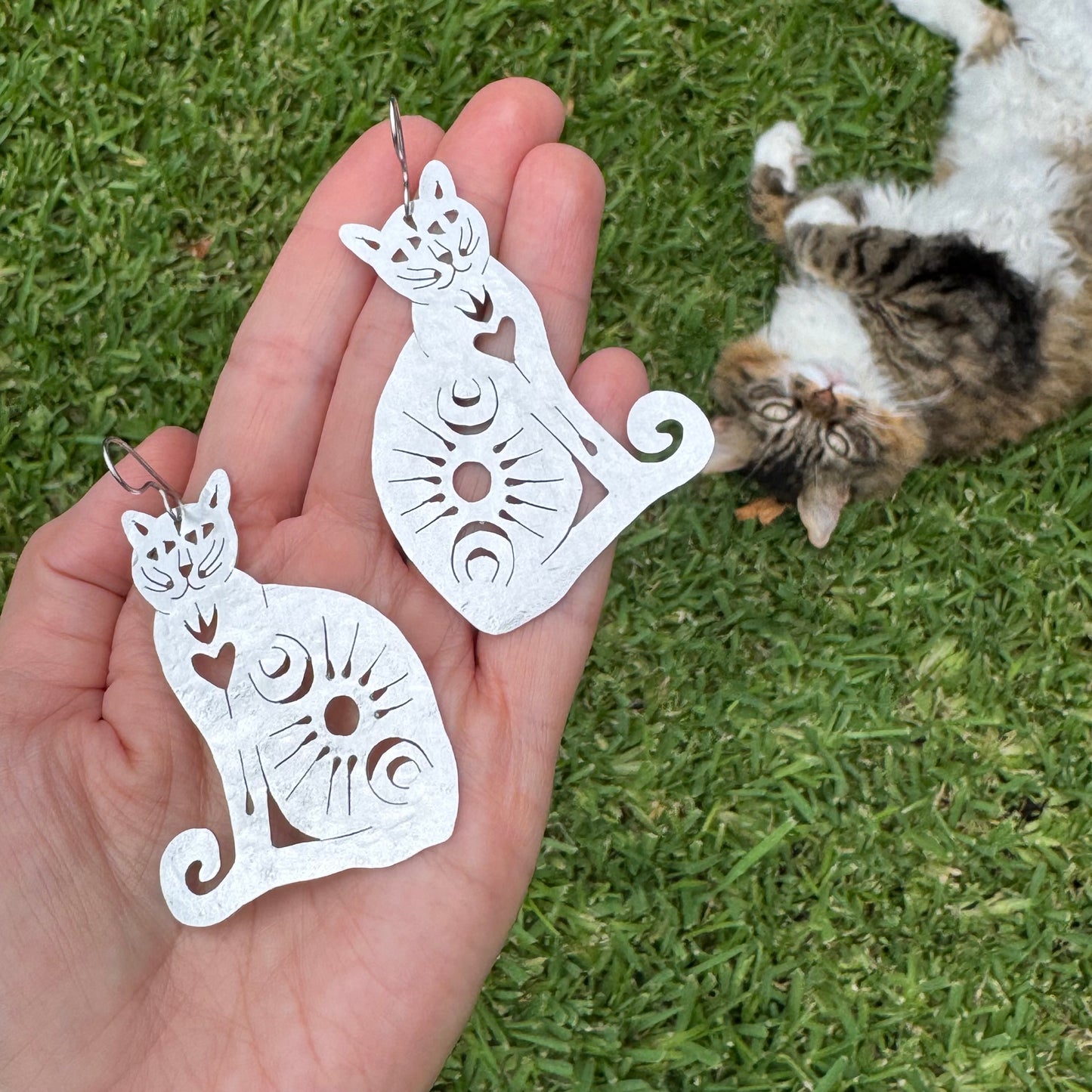 Handmade Brass Celestial Cat Earrings: Sacred Milagro Jewelry