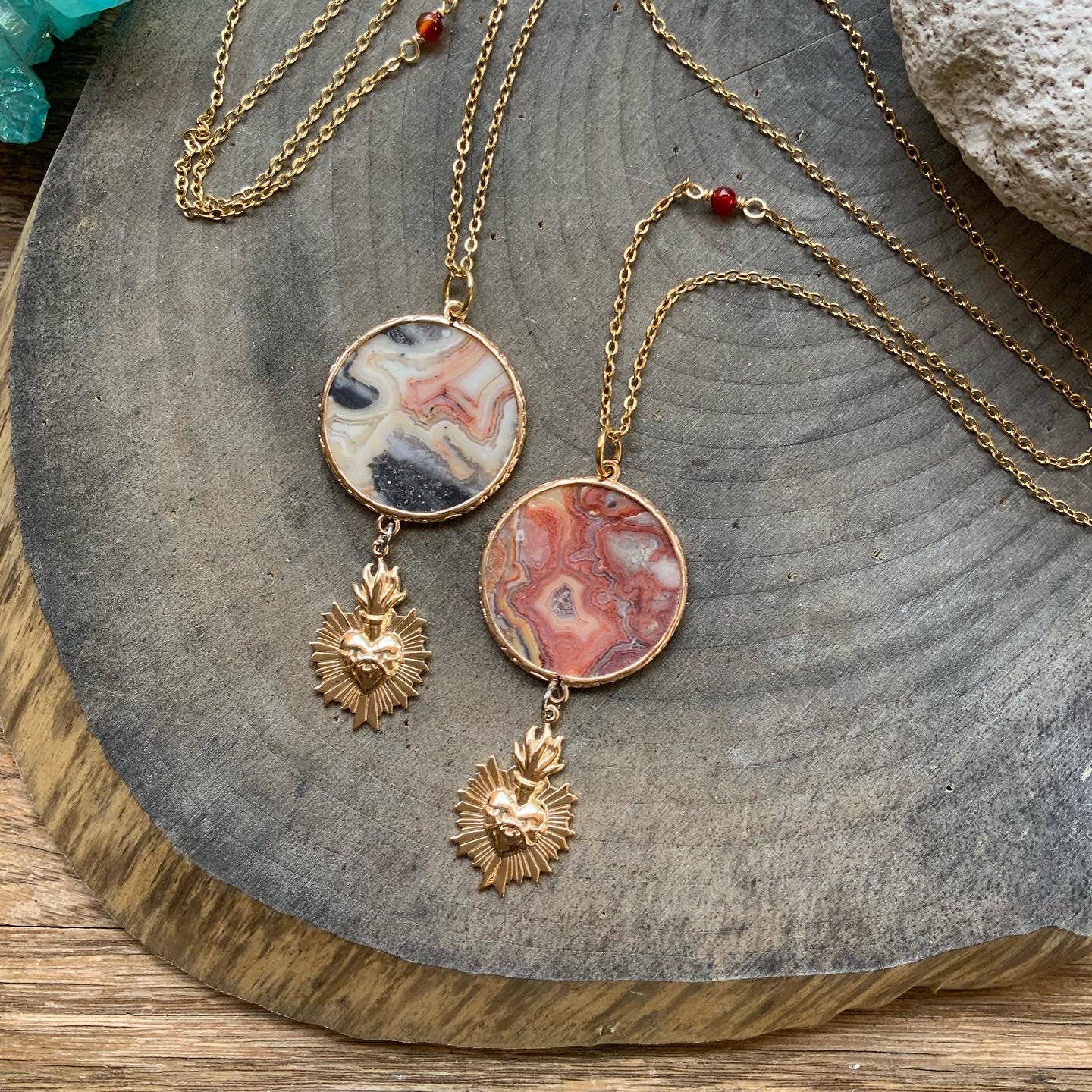 Flaming Sacred Heart charm and Agate disk necklace