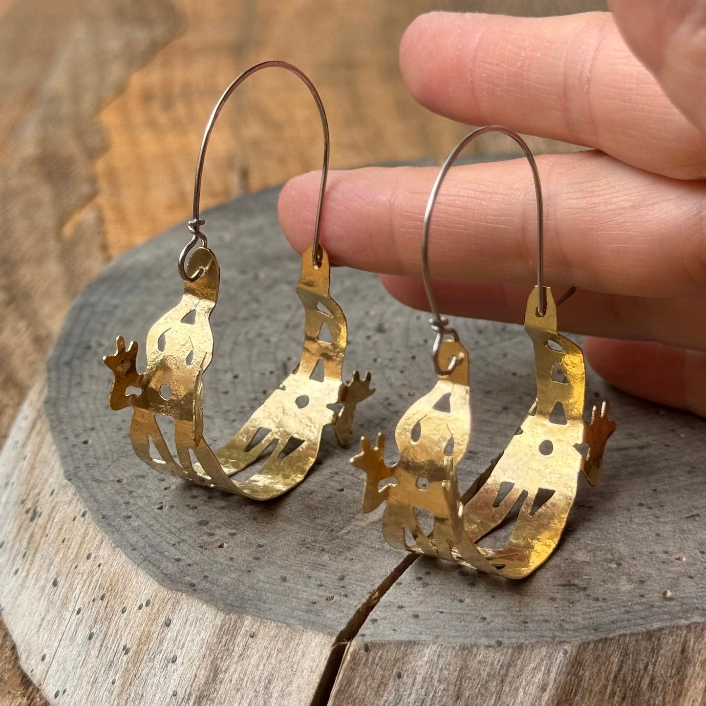 Brass Lizard Hoop Earrings: Tribal Hammered Metal Jewelry