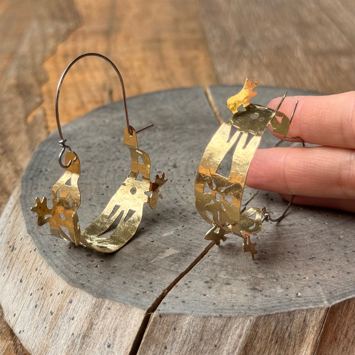 Brass Lizard Hoop Earrings: Tribal Hammered Metal Jewelry