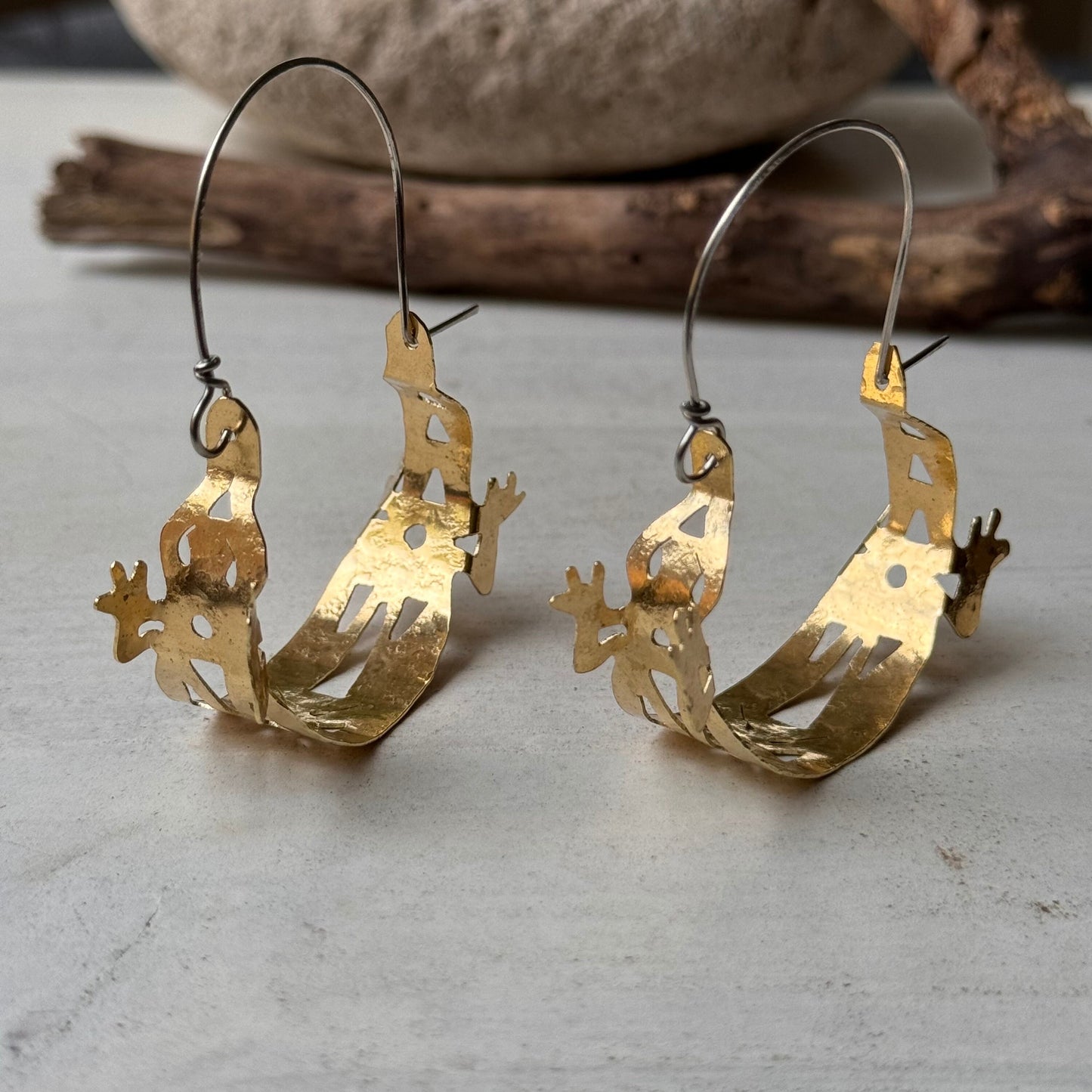 Brass Lizard Hoop Earrings: Tribal Hammered Metal Jewelry