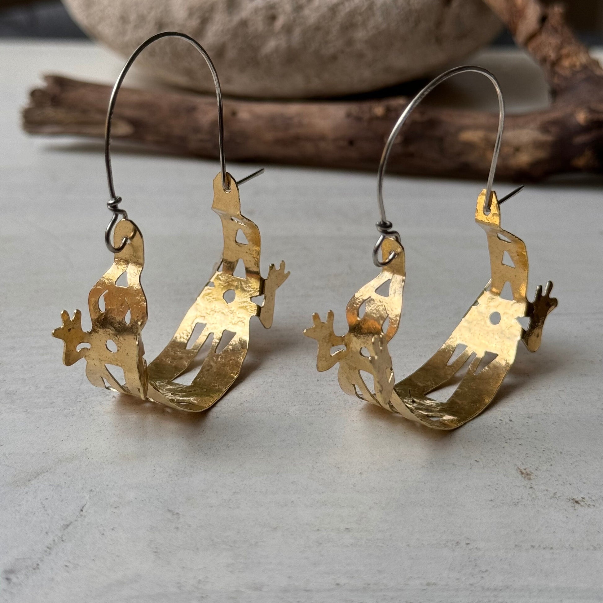 Brass Lizard Hoop Earrings: Tribal Hammered Metal Jewelry