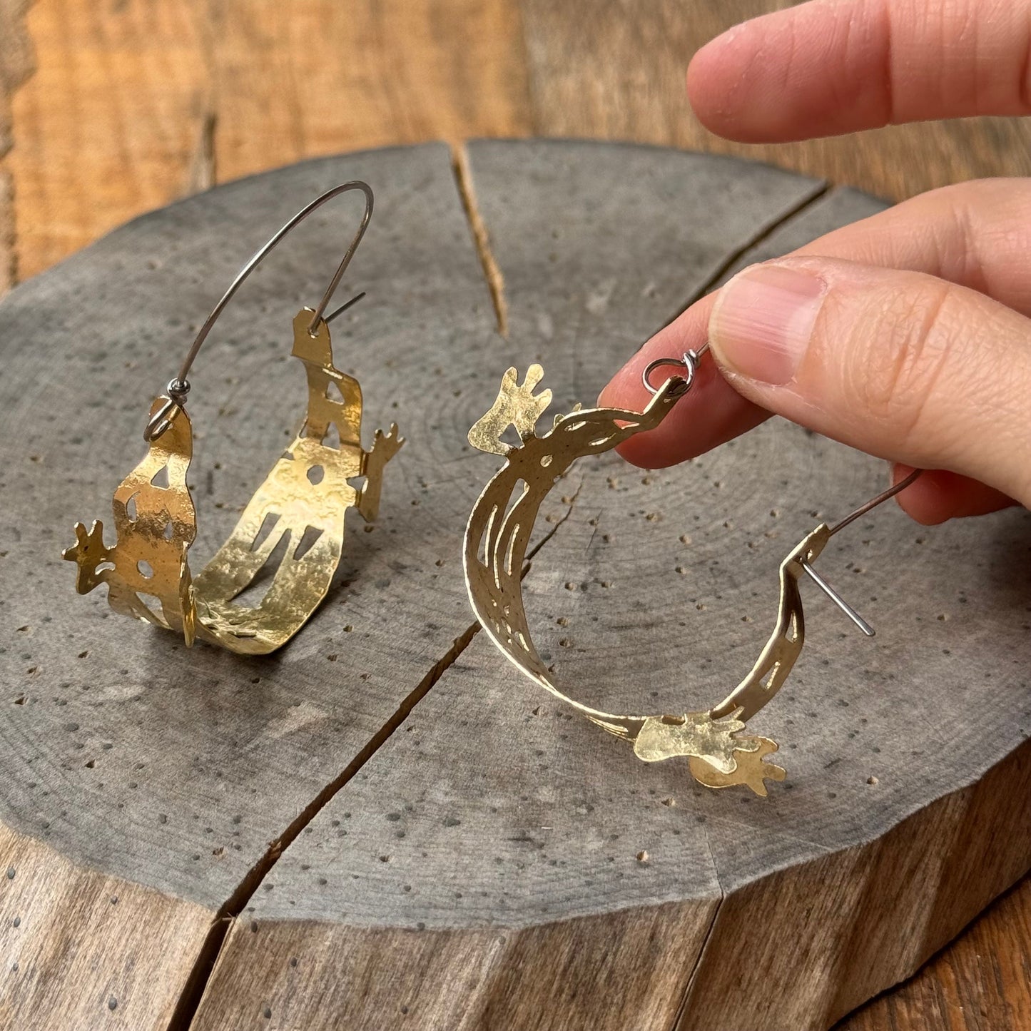 Brass Lizard Hoop Earrings: Tribal Hammered Metal Jewelry