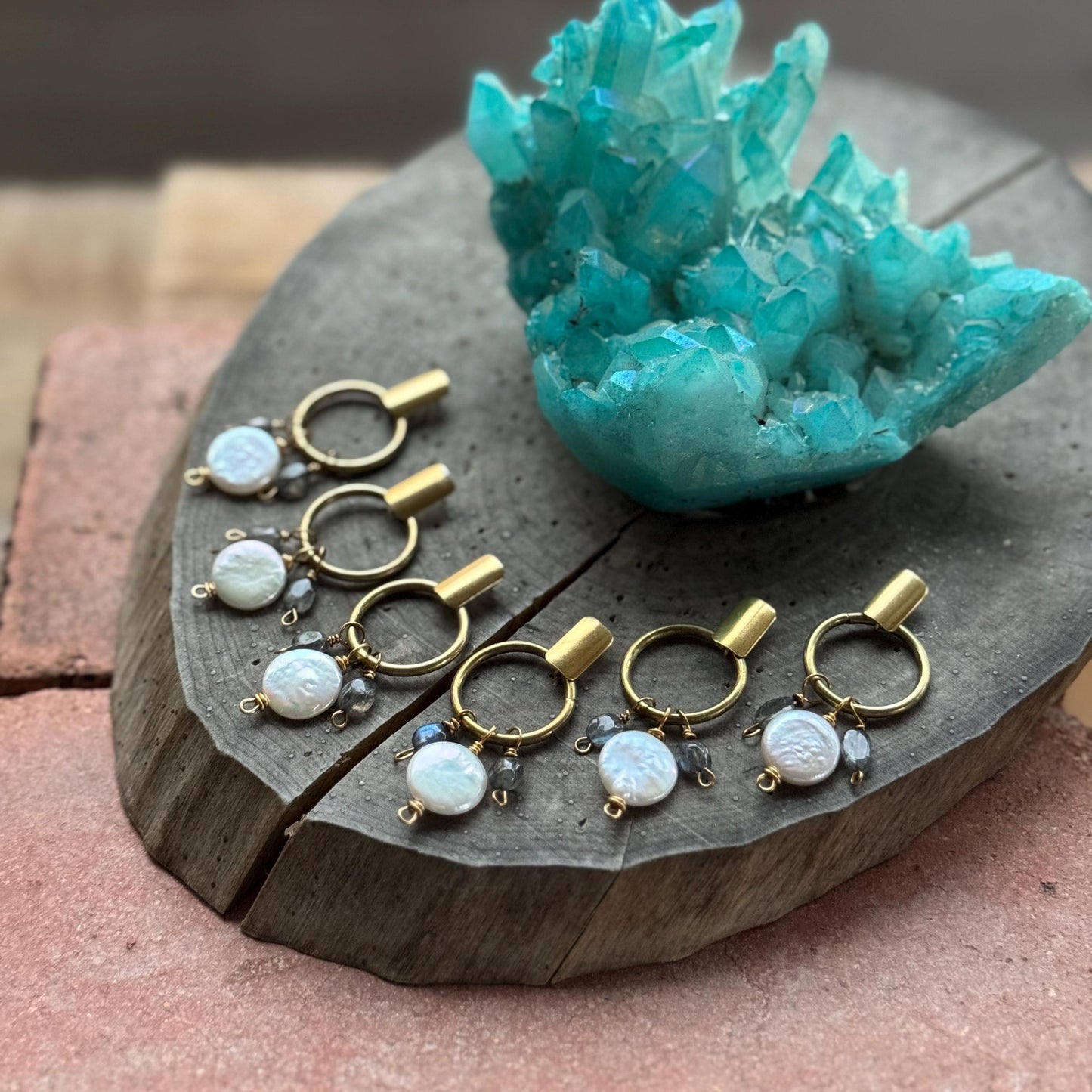 Brass Freshwater Pearl & Labradorite Hoop Post Earrings __etsy:8054058986
