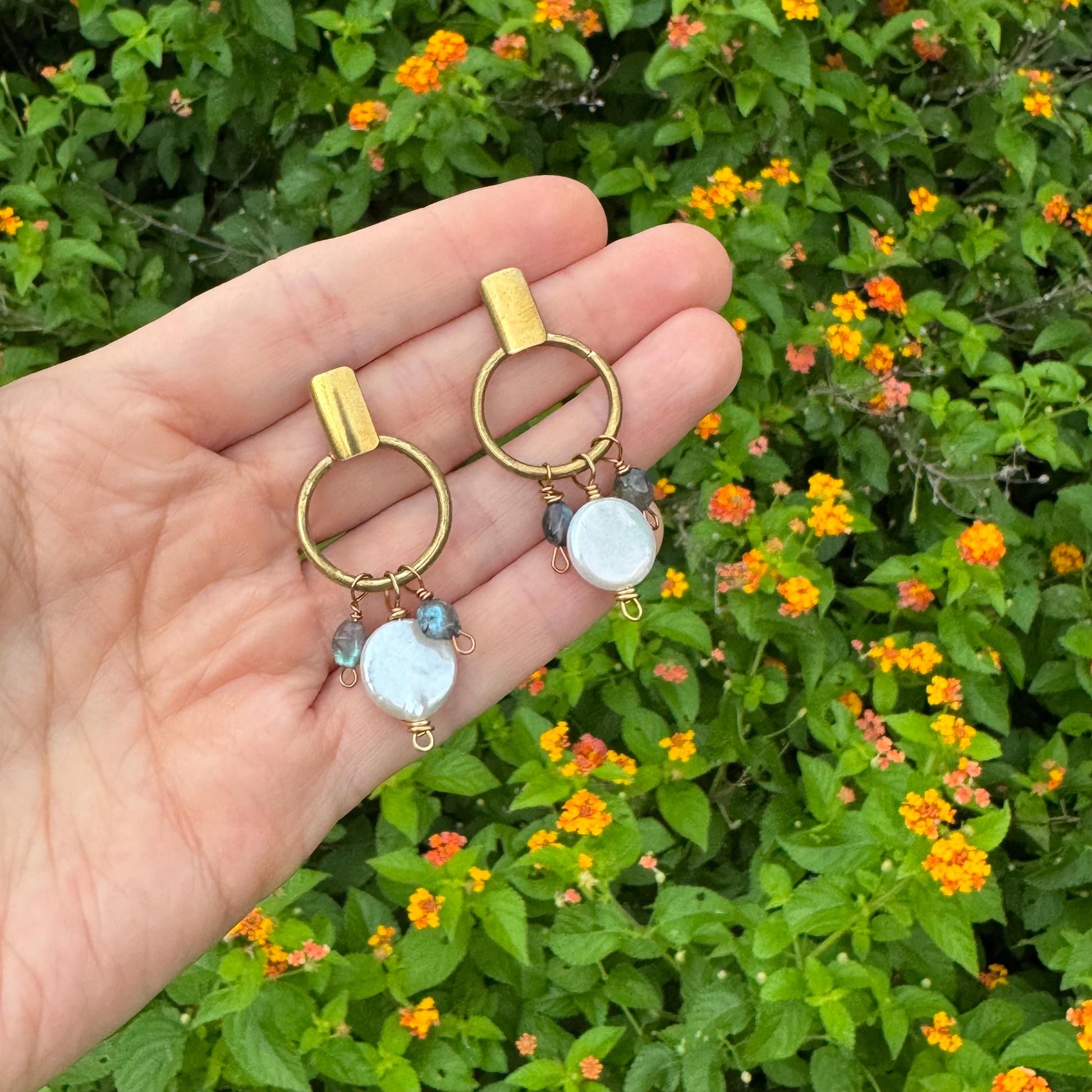 Brass Freshwater Pearl & Labradorite Hoop Post Earrings __etsy:8054058898