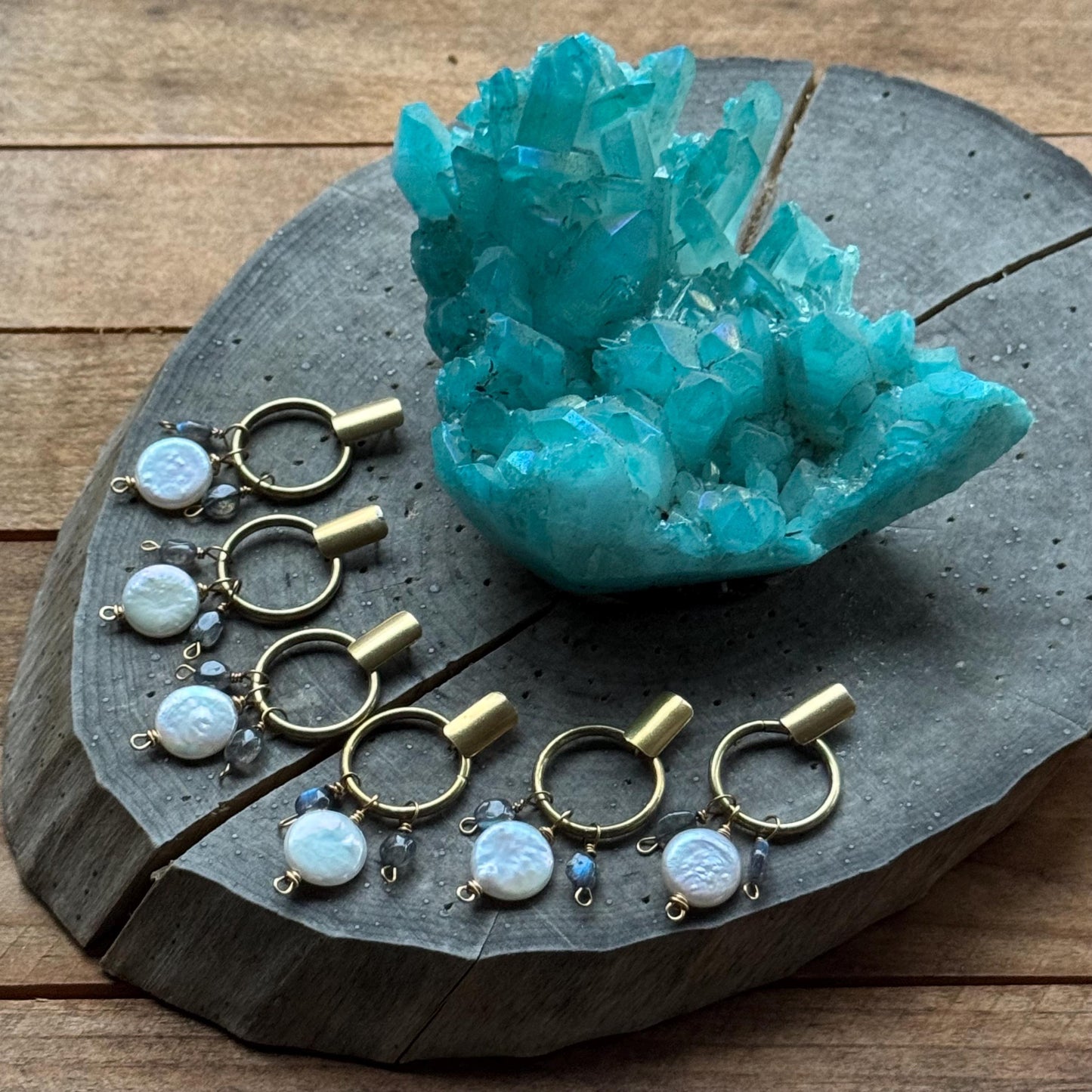 Brass Freshwater Pearl & Labradorite Hoop Post Earrings __etsy:8054062796