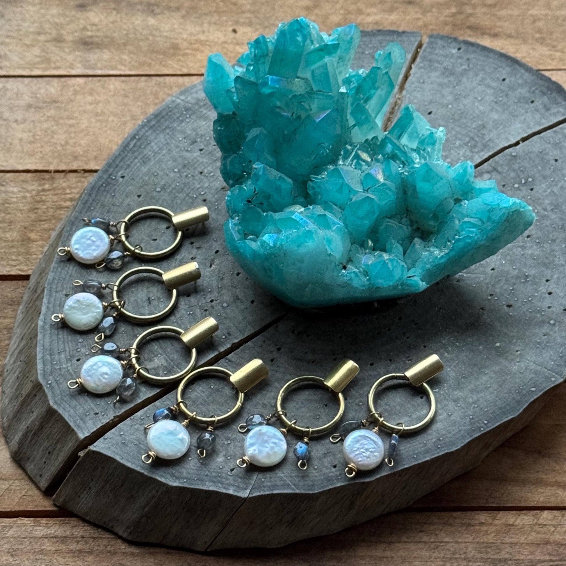 Brass Freshwater Pearl & Labradorite Hoop Post Earrings __etsy:8054062796