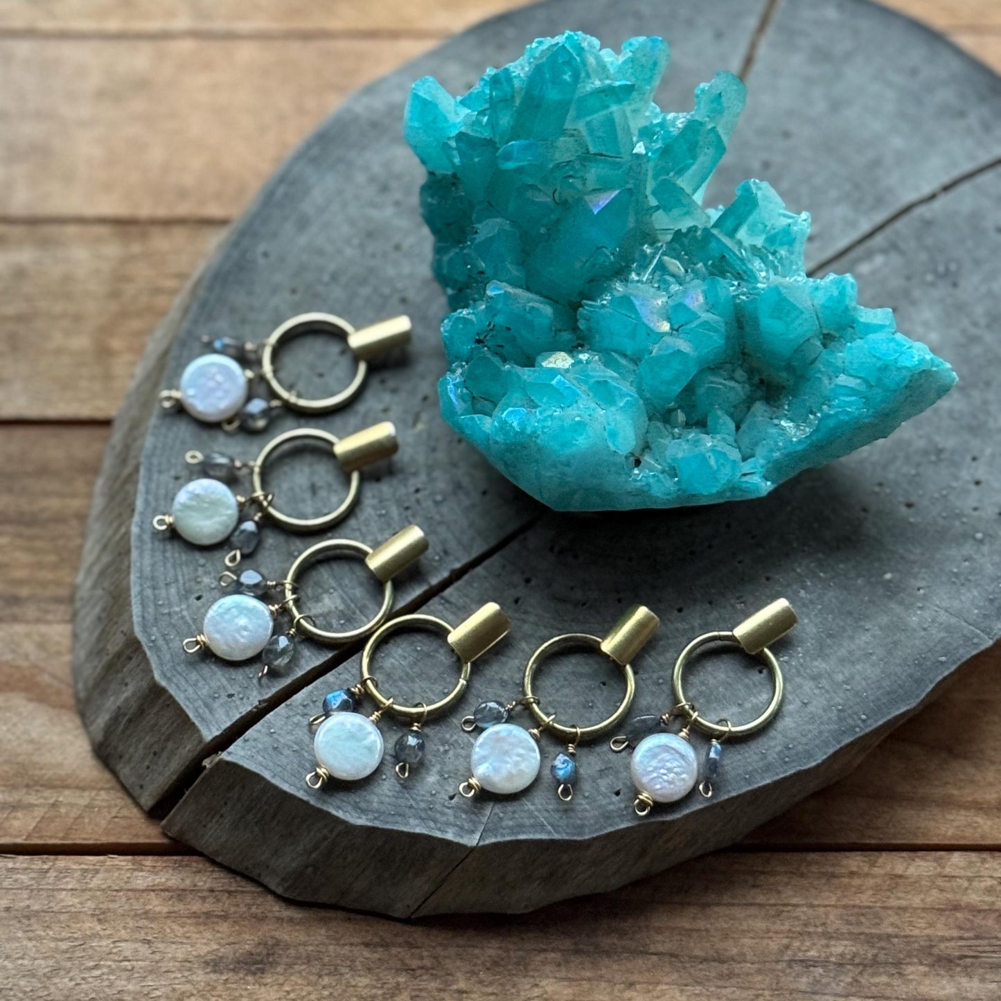 Brass Freshwater Pearl & Labradorite Hoop Post Earrings __etsy:8101971151