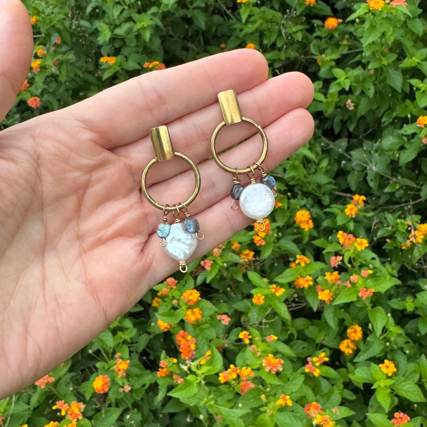 Brass Freshwater Pearl & Labradorite Hoop Post Earrings __etsy:8054058958
