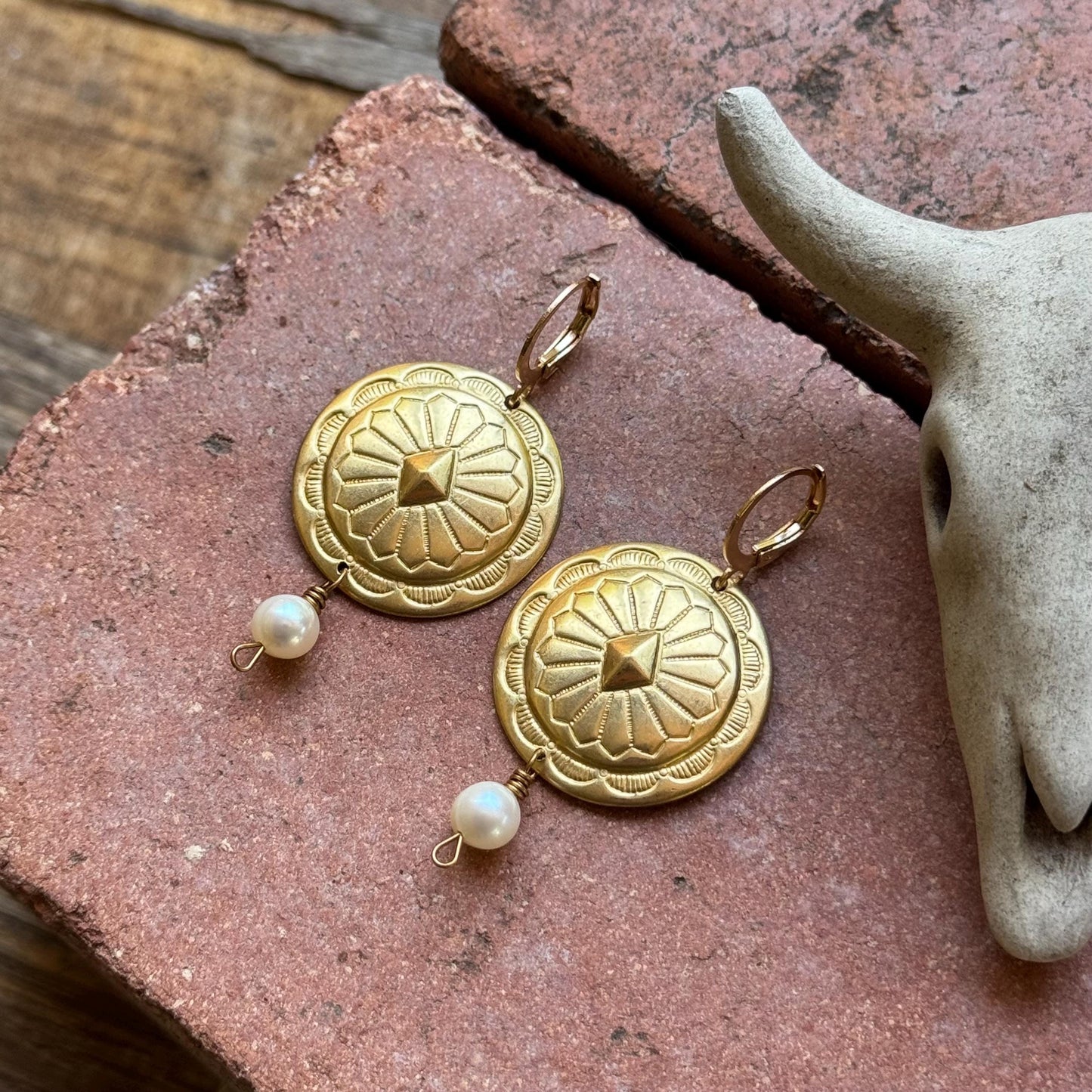 Brushed Gold Concho Leverback Earrings with Pearl Drop, Western Boho Statement Earrings