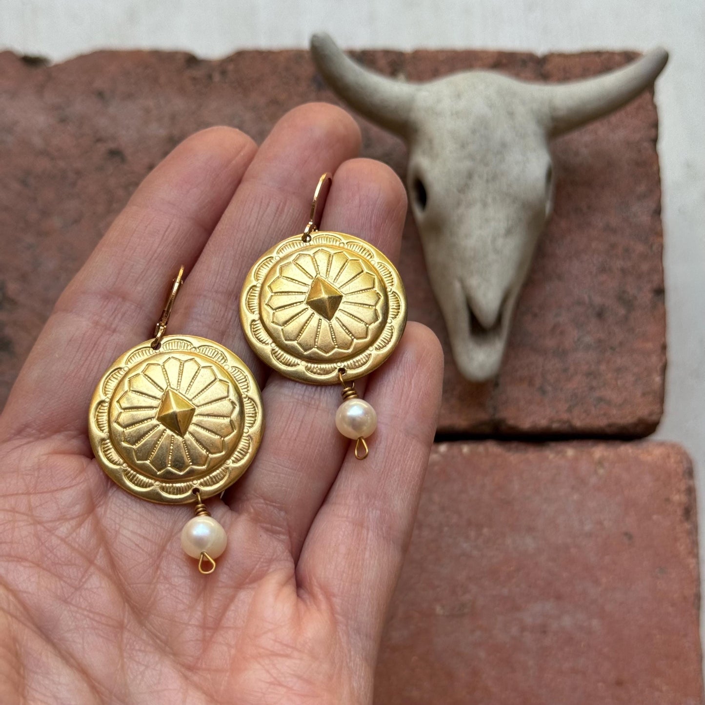 Brushed Gold Concho Leverback Earrings with Pearl Drop, Western Boho Statement Earrings