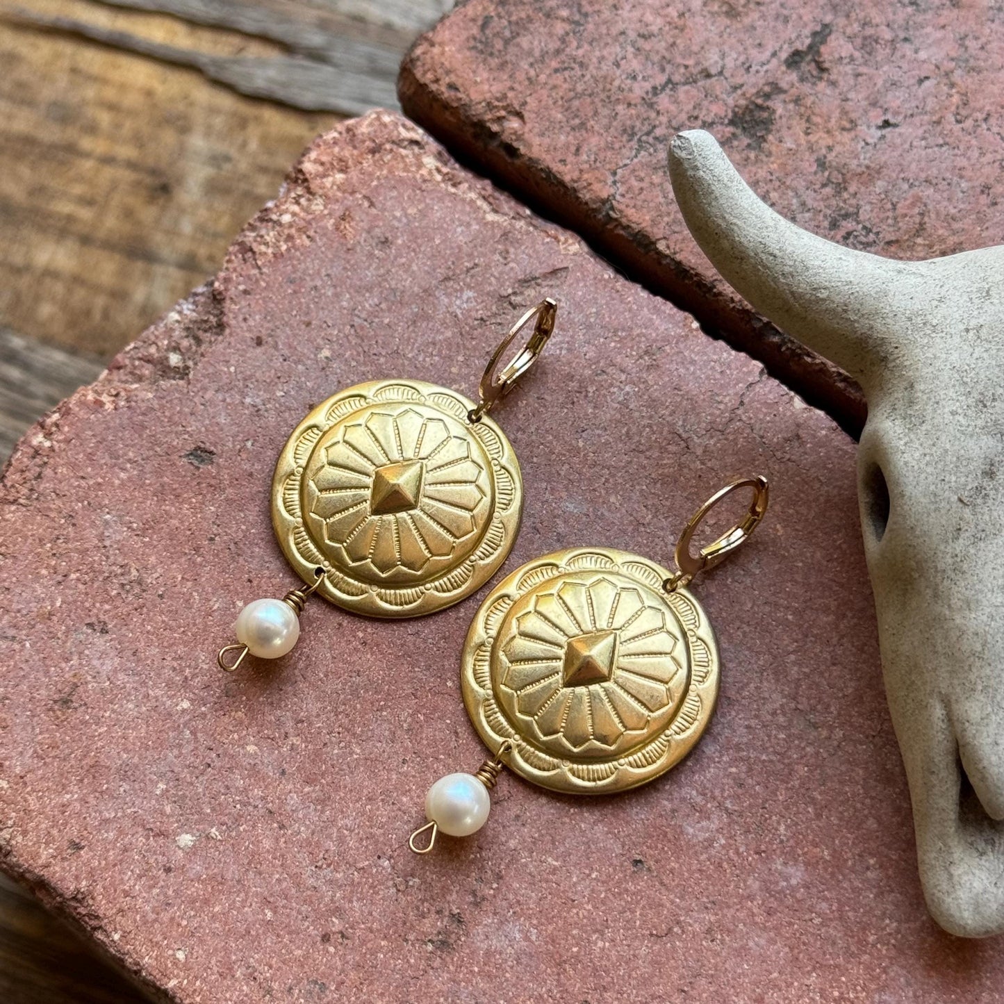 Brushed Gold Concho Leverback Earrings with Pearl Drop, Western Boho Statement Earrings