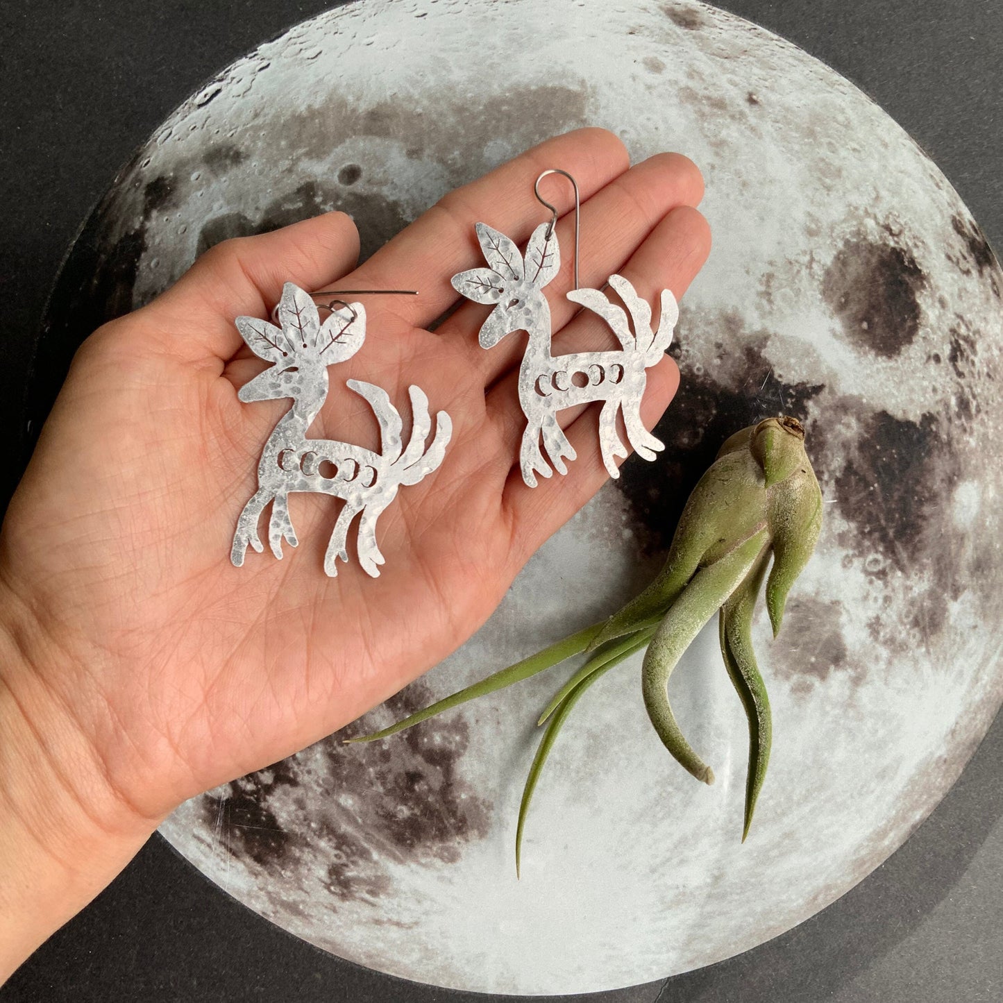 Celestial Deer Earrings: Mexican Folk Art Metal Jewelry