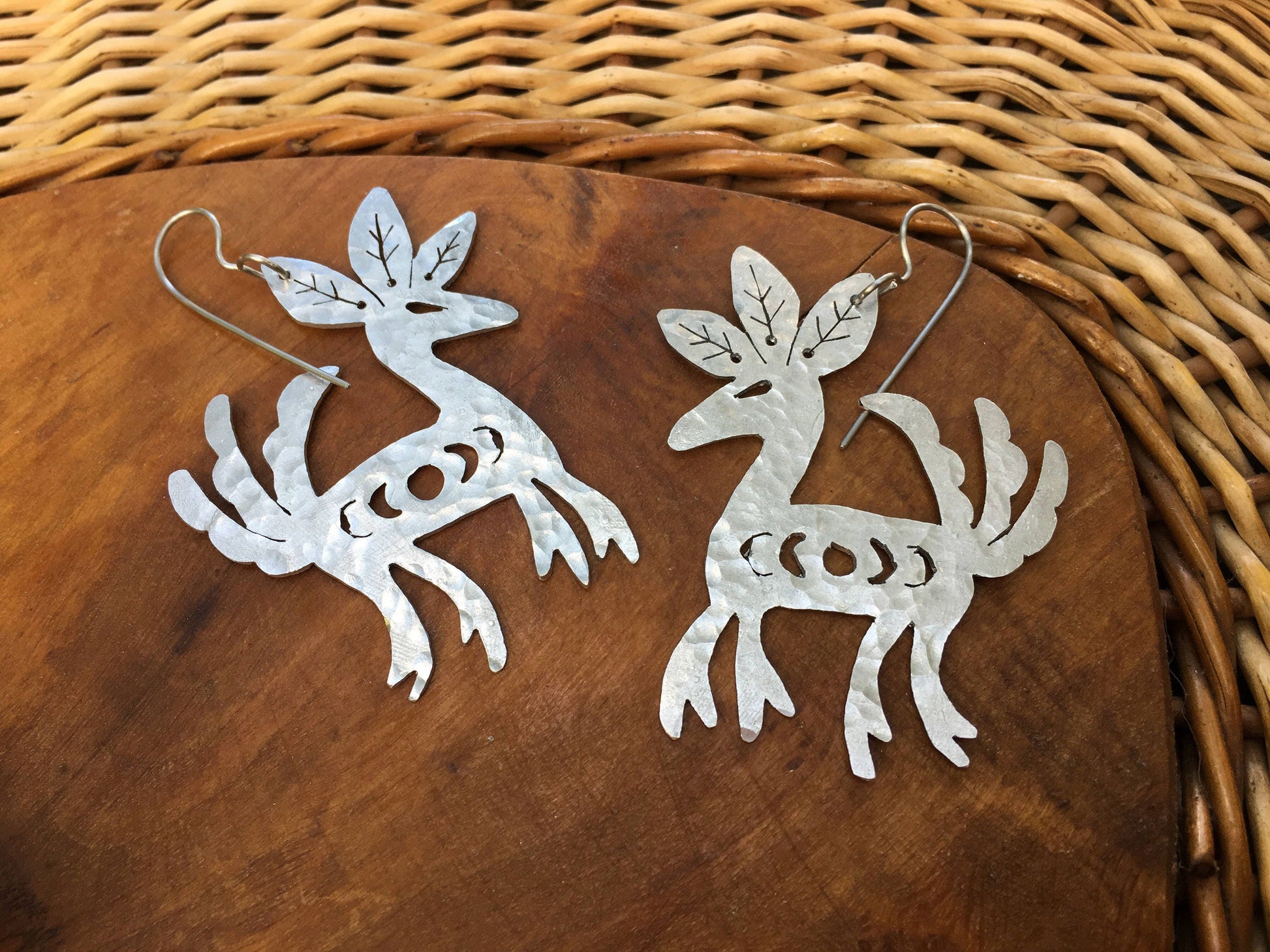 Celestial Deer Earrings: Mexican Folk Art Metal Jewelry