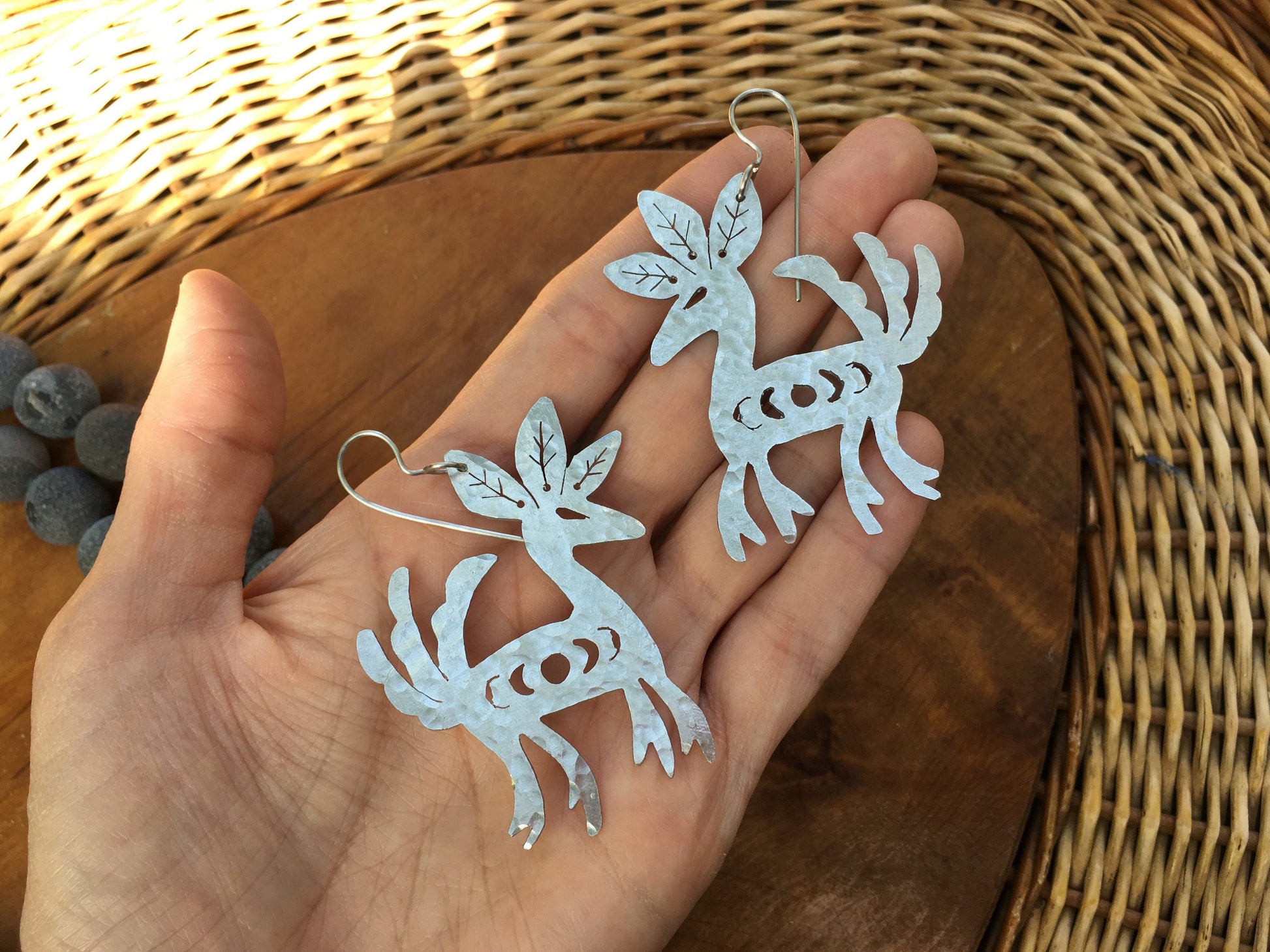Celestial Deer Earrings: Mexican Folk Art Metal Jewelry