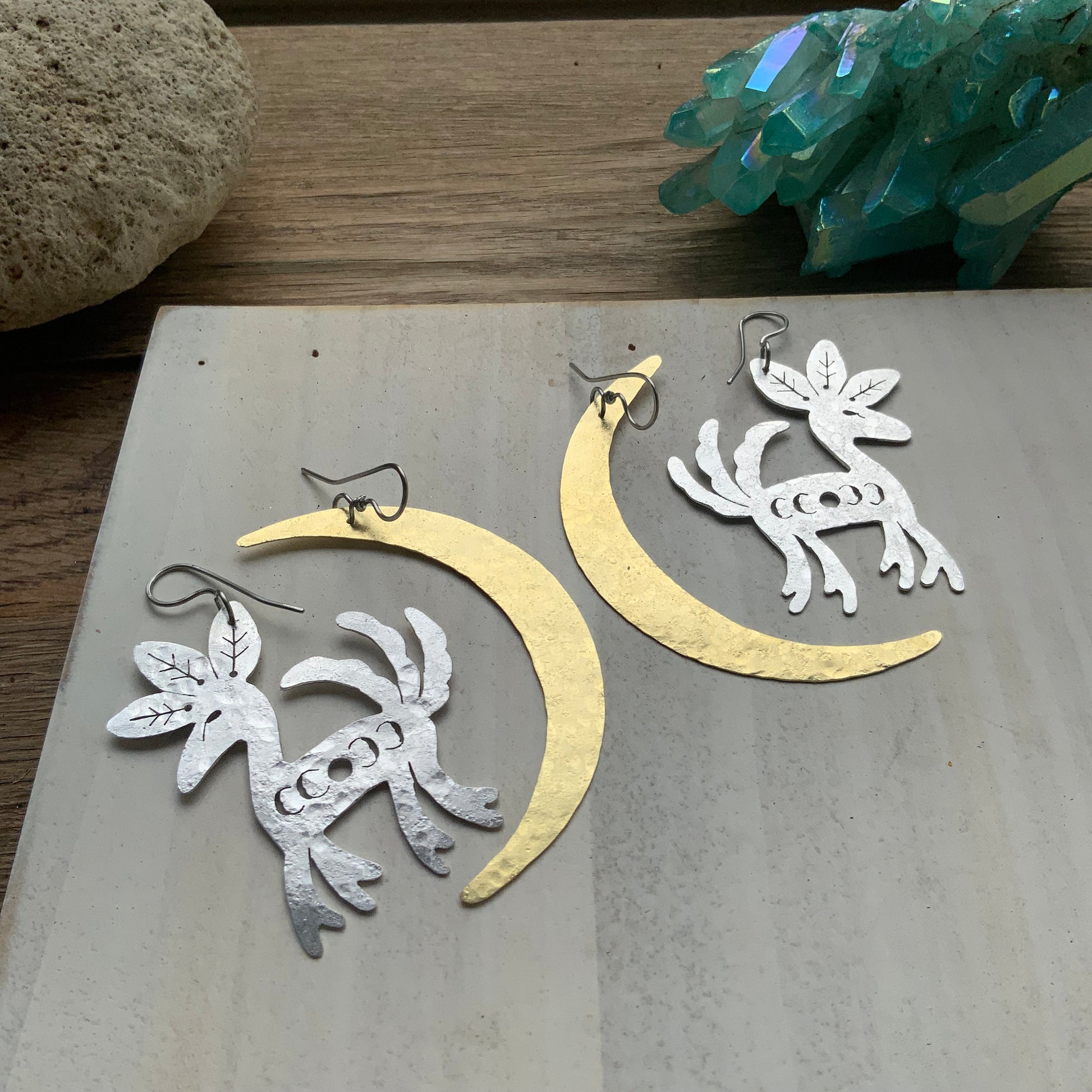 Celestial Deer Earrings: Mexican Folk Art Metal Jewelry