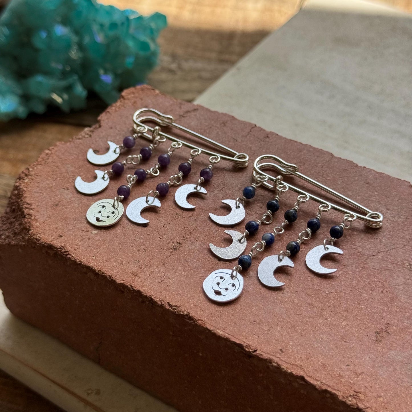 Celestial Moon Phase Safety Pin Brooch | Handmade Gemstone Sweater Pin | Boho Artisan Gift __etsy:8200839807