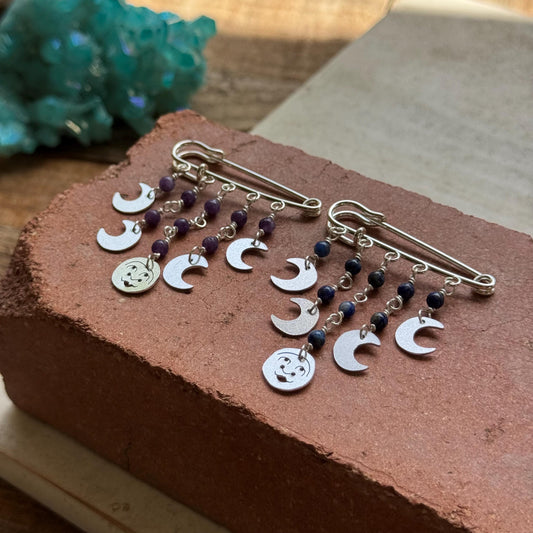 Celestial Moon Phase Safety Pin Brooch | Handmade Gemstone Sweater Pin | Boho Artisan Gift __etsy:8200839807