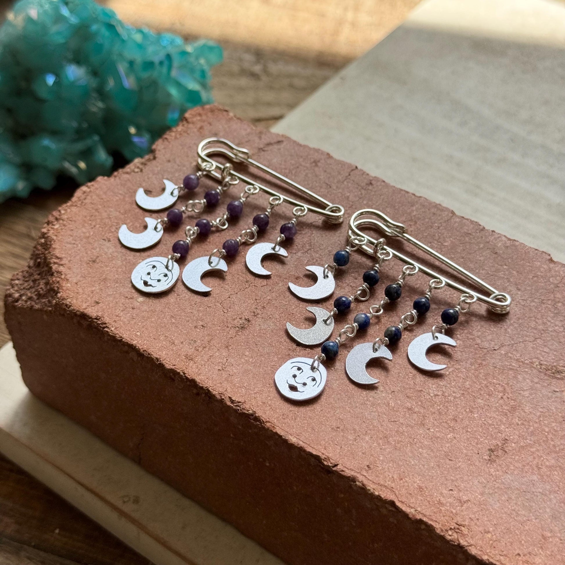 Celestial Moon Phase Safety Pin Brooch | Handmade Gemstone Sweater Pin | Boho Artisan Gift __etsy:8200834231