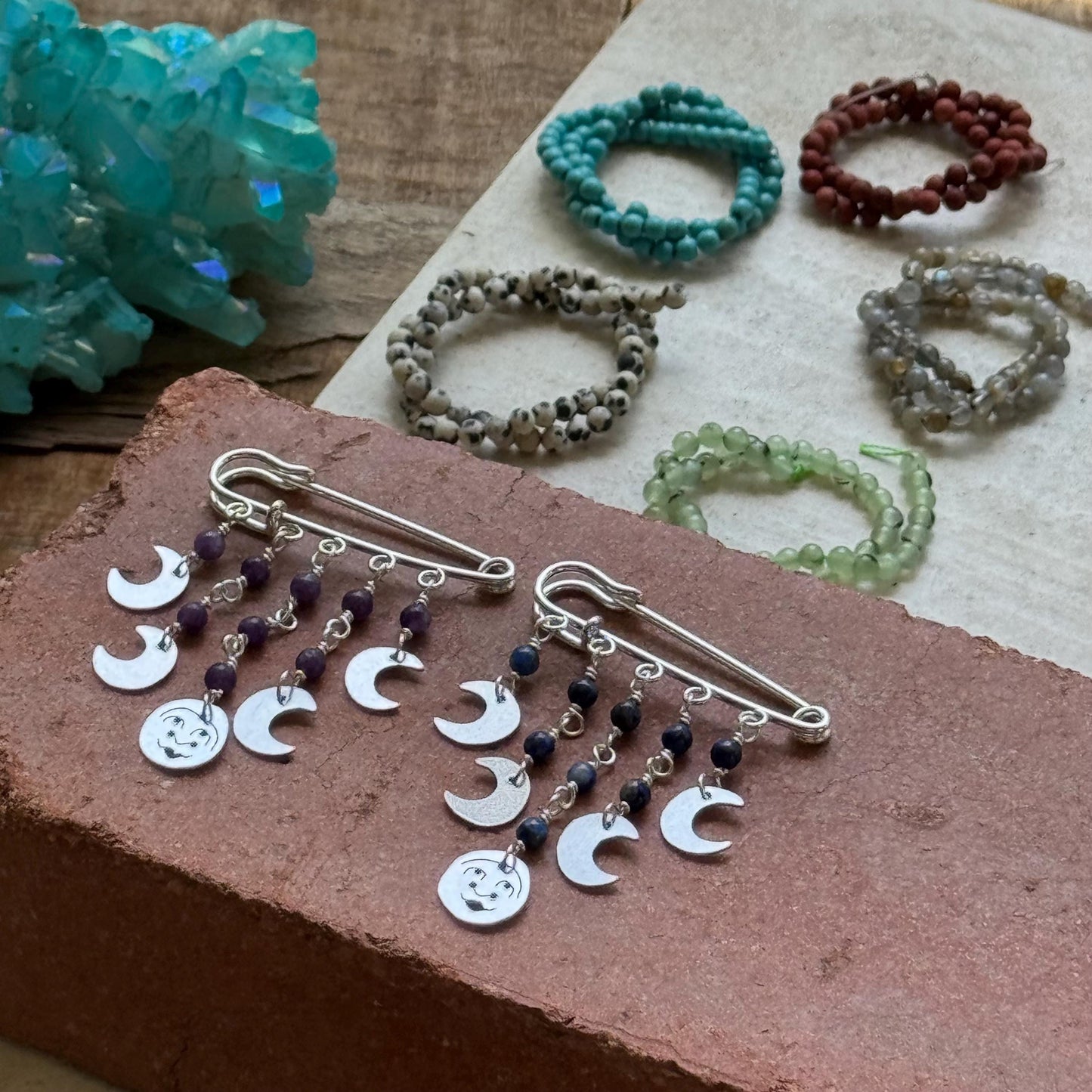 Celestial Moon Phase Safety Pin Brooch | Handmade Gemstone Sweater Pin | Boho Artisan Gift __etsy:8152913354