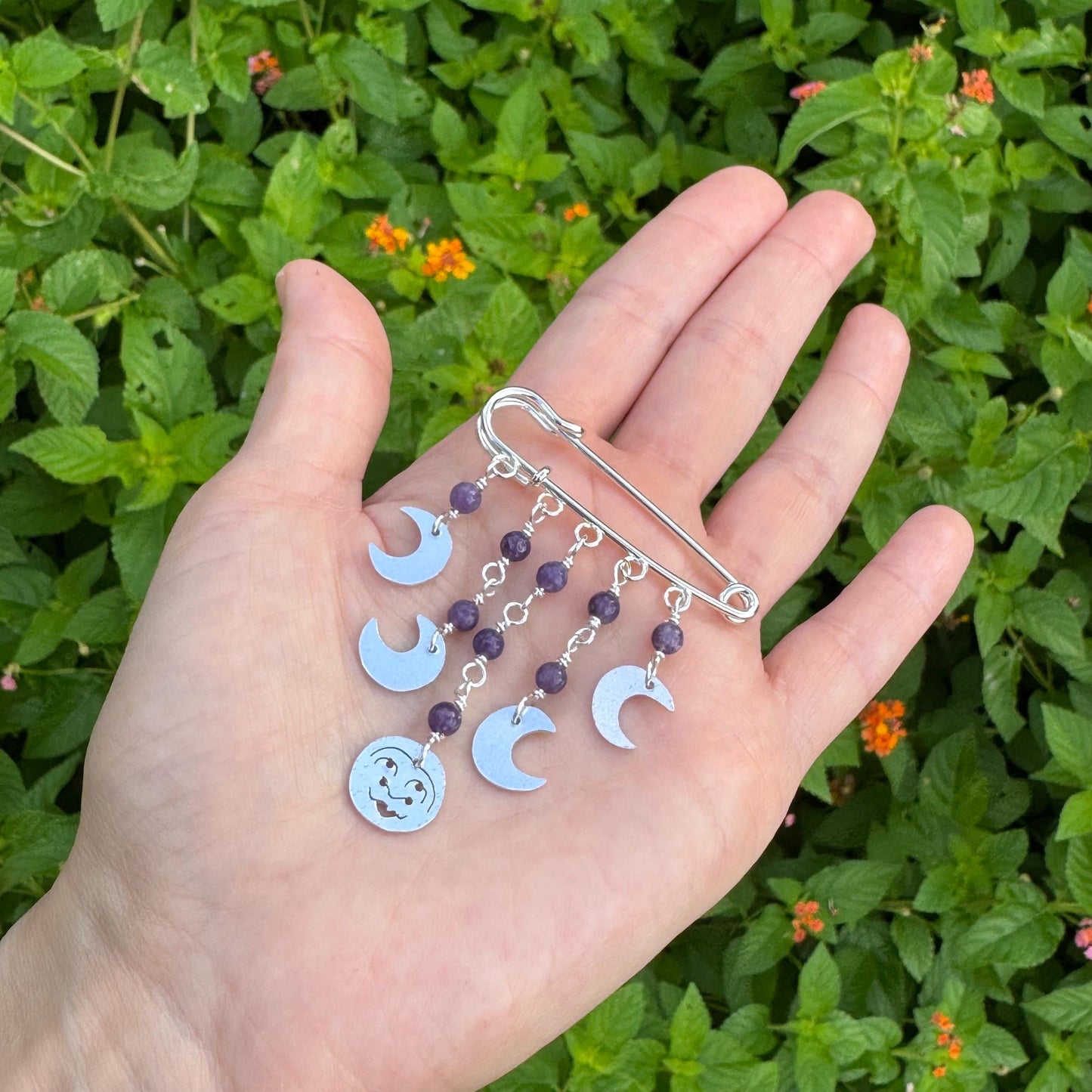 Celestial Moon Phase Safety Pin Brooch | Handmade Gemstone Sweater Pin | Boho Artisan Gift __etsy:8152966264