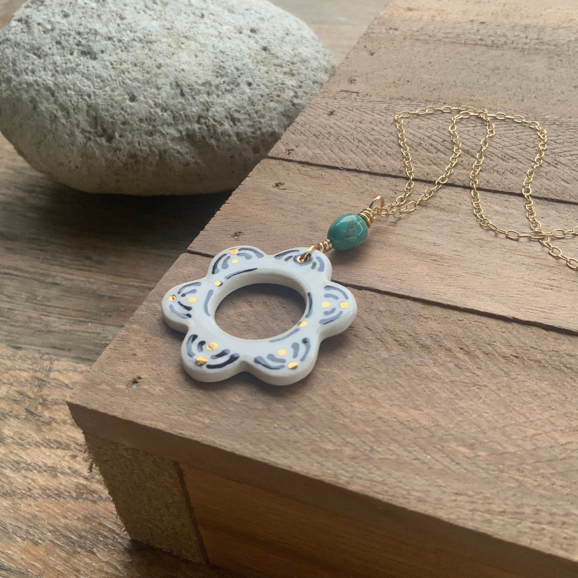 Ceramic Black Folk Flower and genuine turquoise nugget Charm Necklace