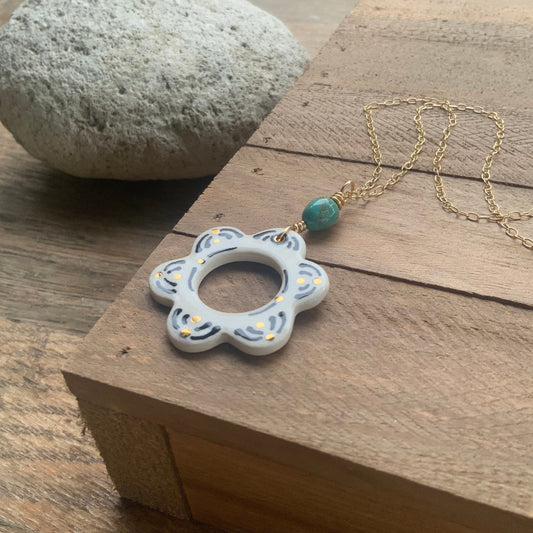 Ceramic Black Folk Flower and genuine turquoise nugget Charm Necklace