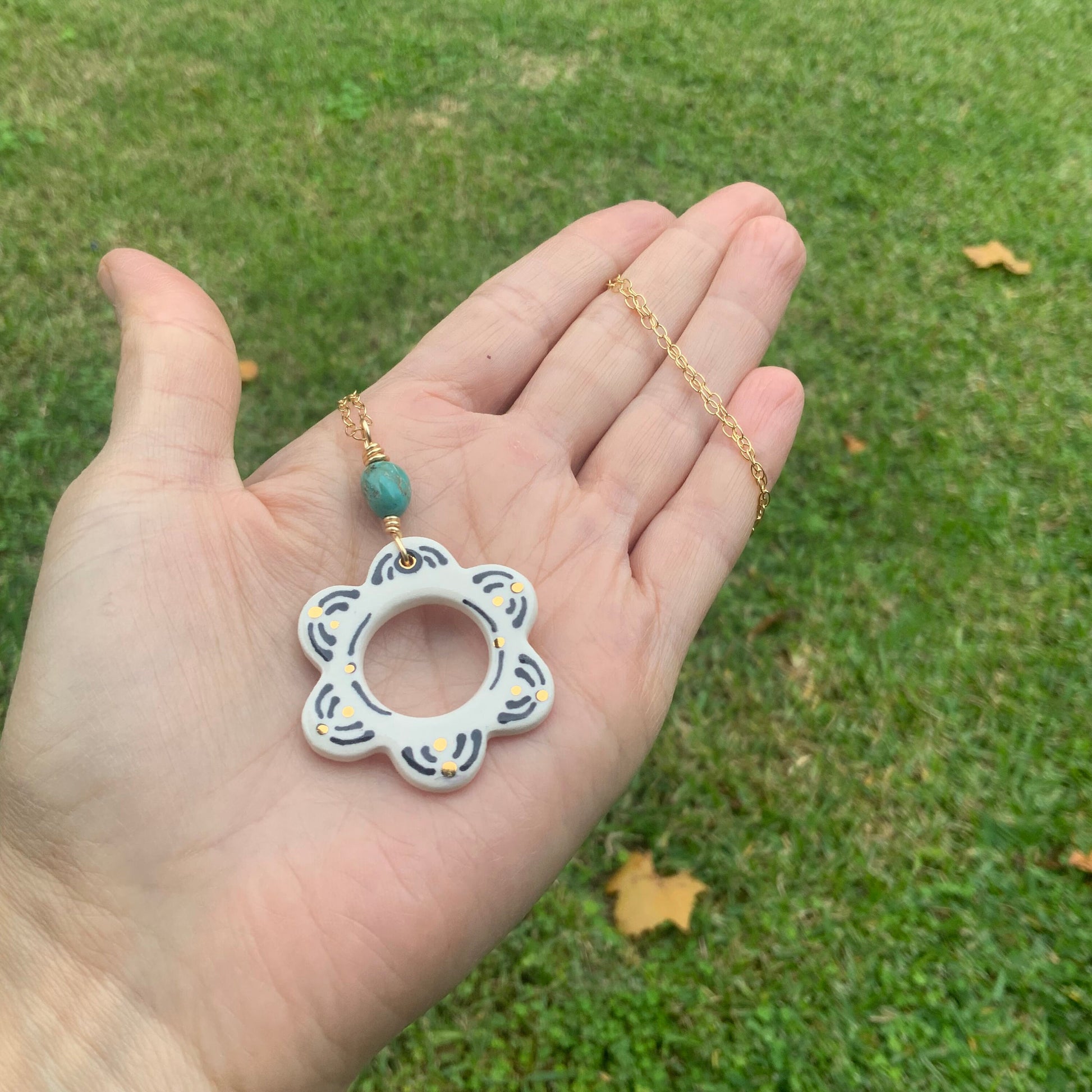 Ceramic Black Folk Flower and genuine turquoise nugget Charm Necklace